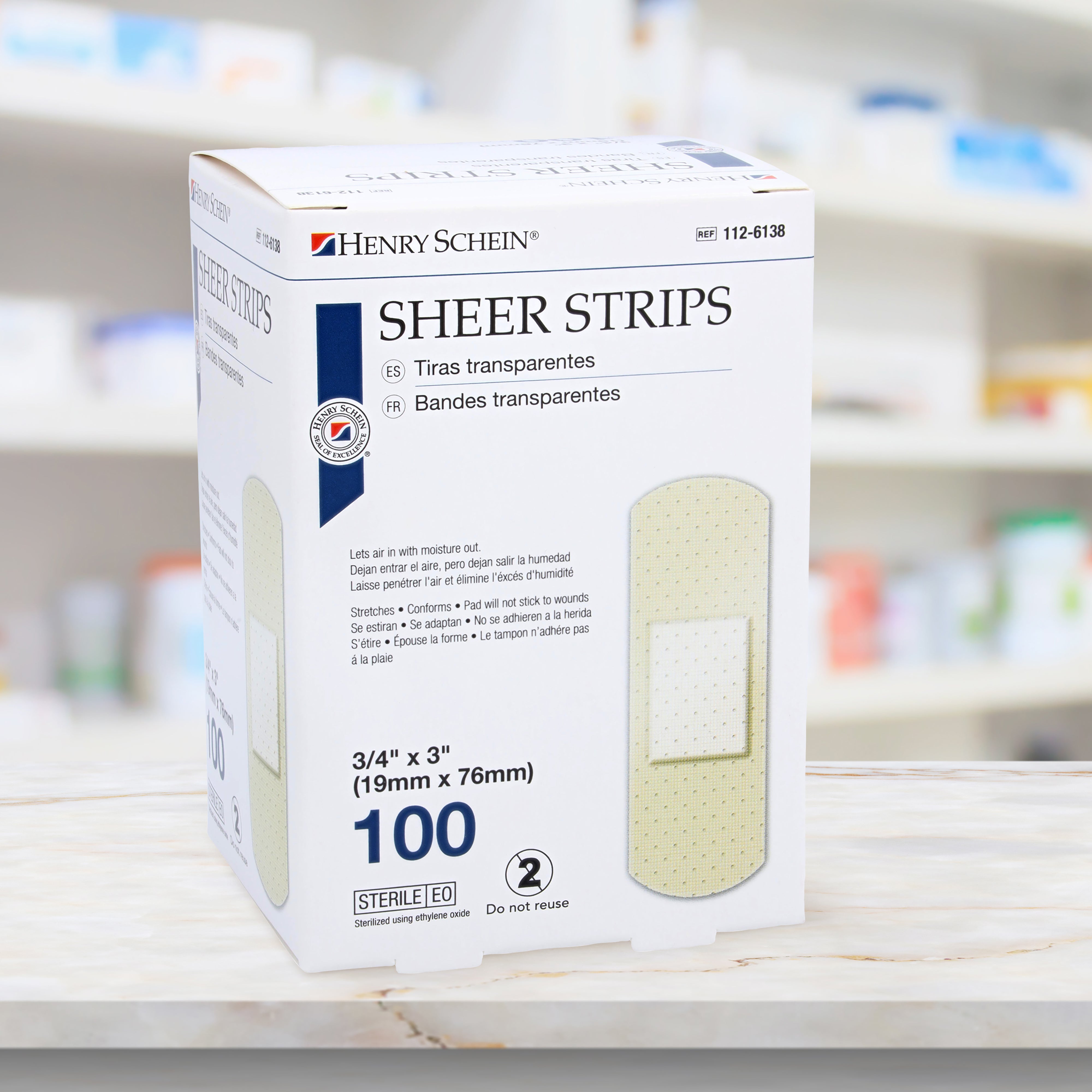 Henry Schein Adhesive Sheer Bandage Strips, 3/4" x 3", Sterile, Box of 100 Bandages