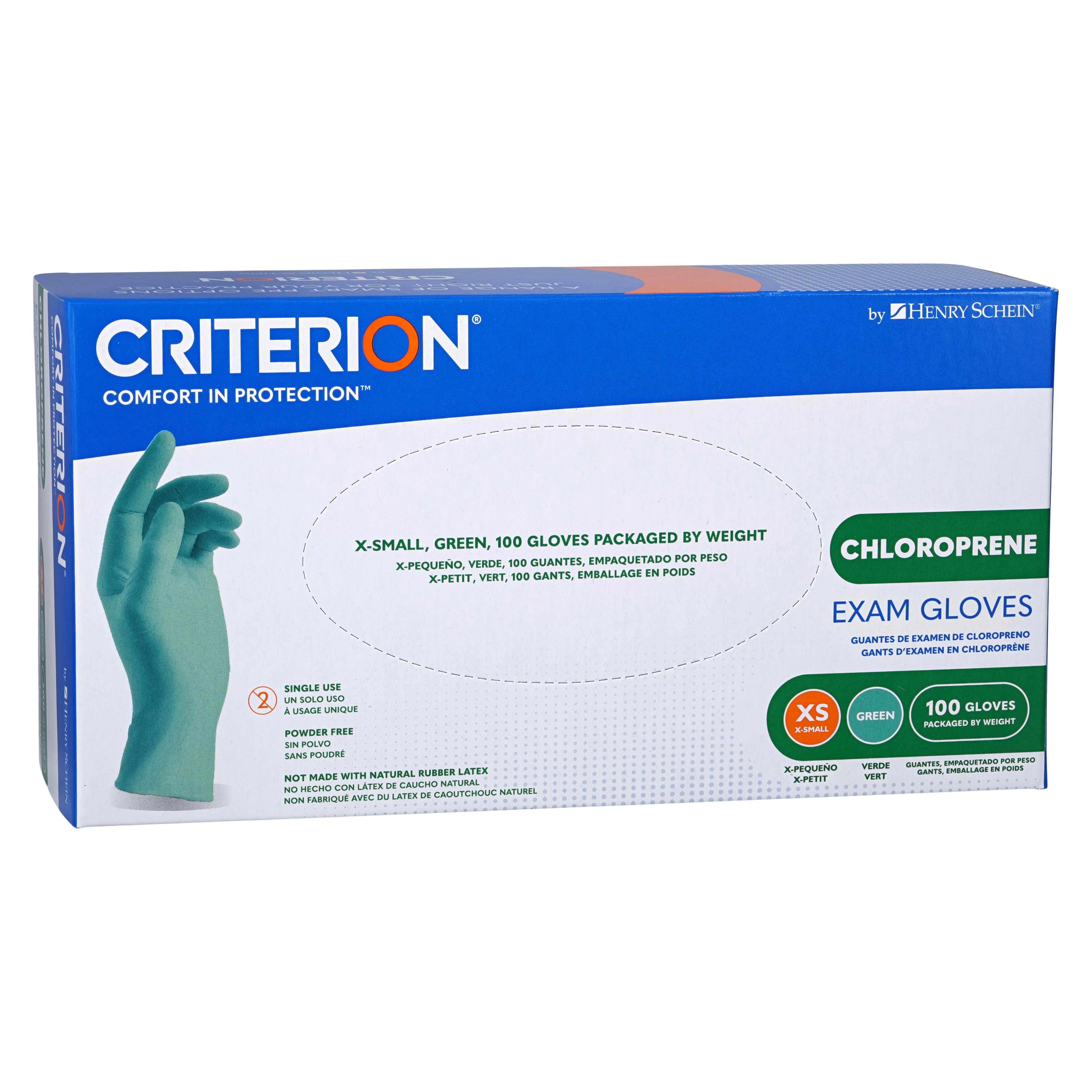 Criterion Chloroprene Exam Gloves – Textured, 4.33 Mil, Medical Grade, Green – XS-L (100/Box), XL (90/Box)