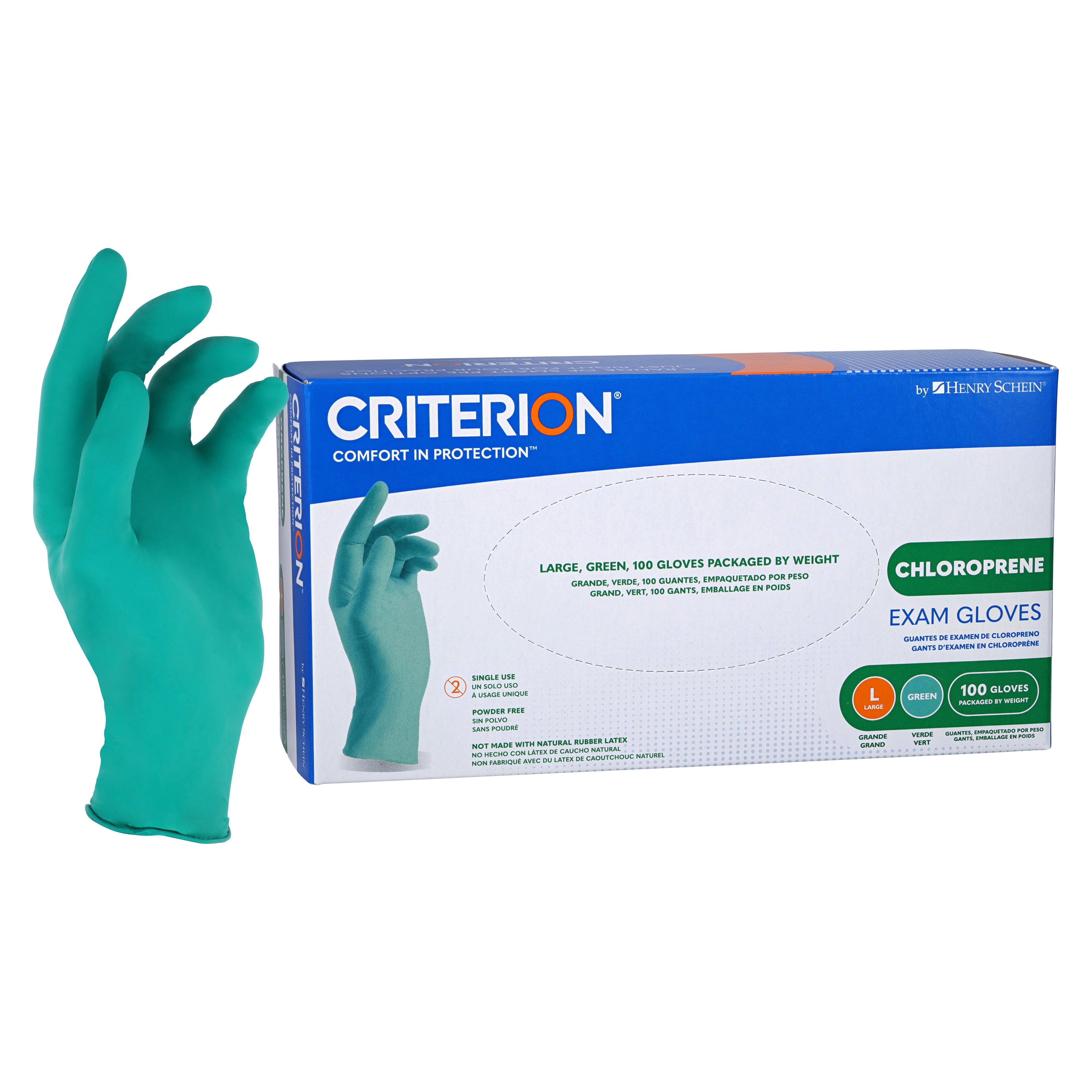 Criterion Chloroprene Exam Gloves – Textured, 4.33 Mil, Medical Grade, Green – XS-L (100/Box), XL (90/Box)
