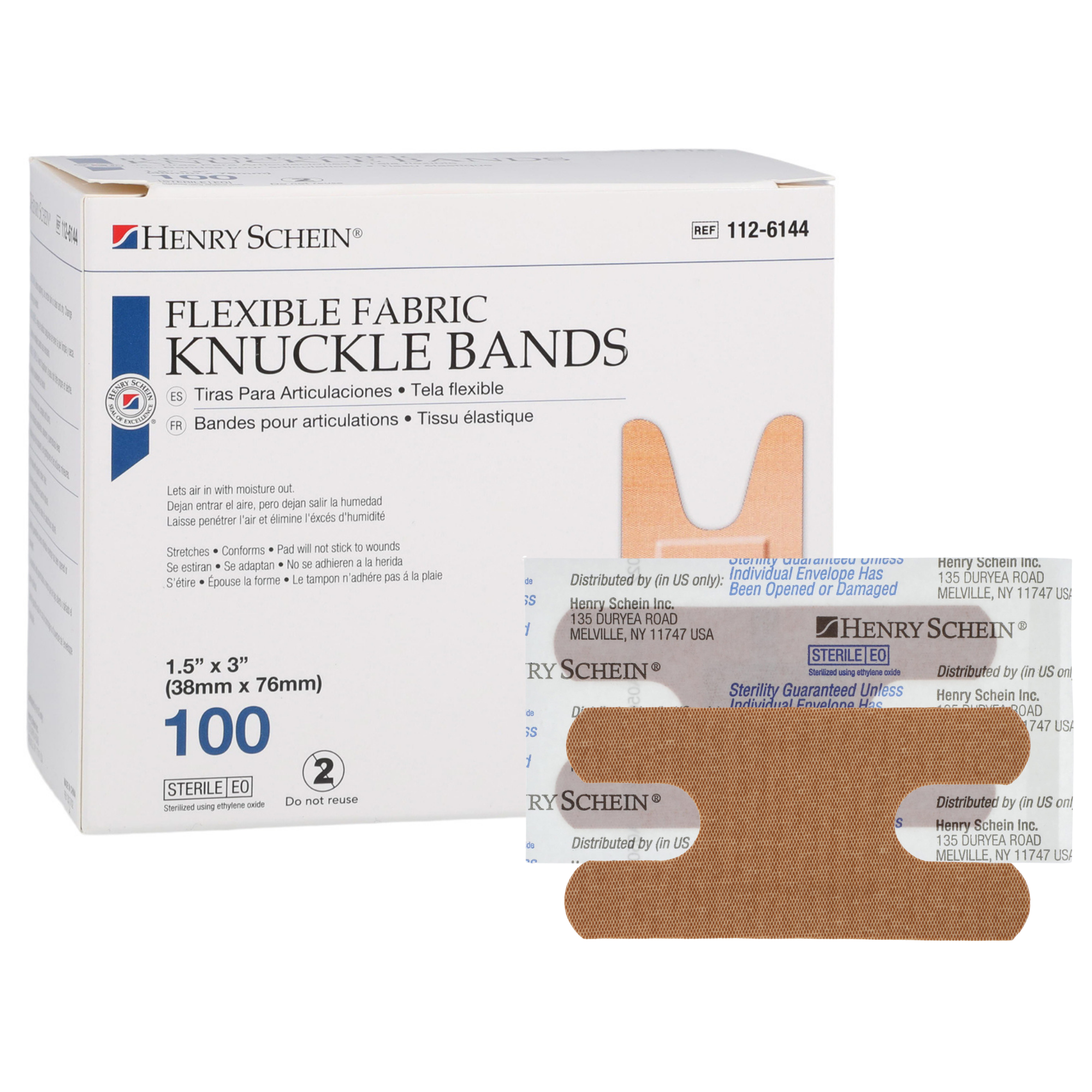 Henry Schein Fabric Knuckle Flexible Adhesive Bandages – Bandages with Non-Stick Pad, Latex Free, Wound Care for First Aid Kit, 1.5” x 3"