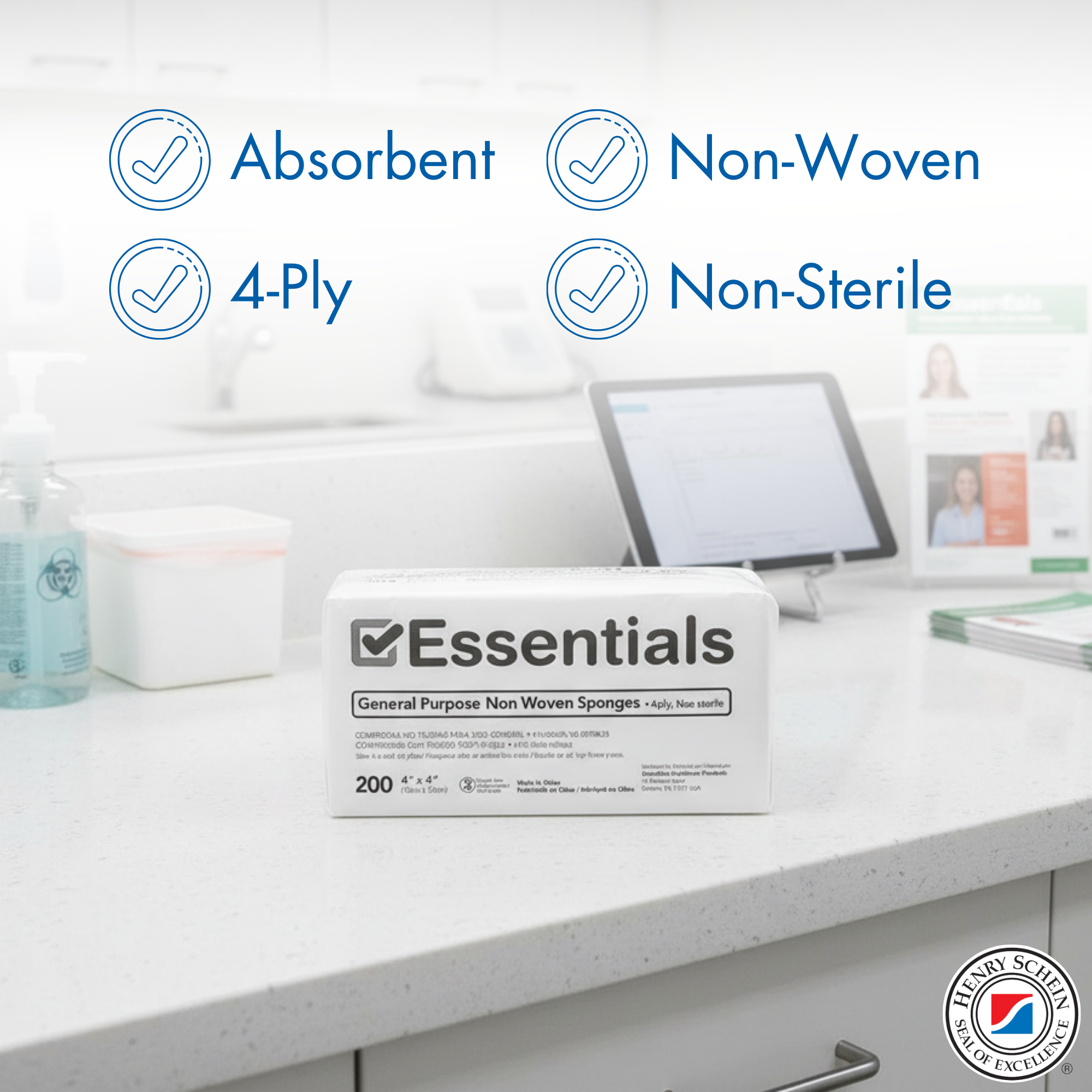 Essentials Non-Sterile Gauze Sponges - 200 Count, 4-Ply, 4'' x 4'' Pads, Non-Woven, Wound Care Product for First Aid Kit/Medical Facilities