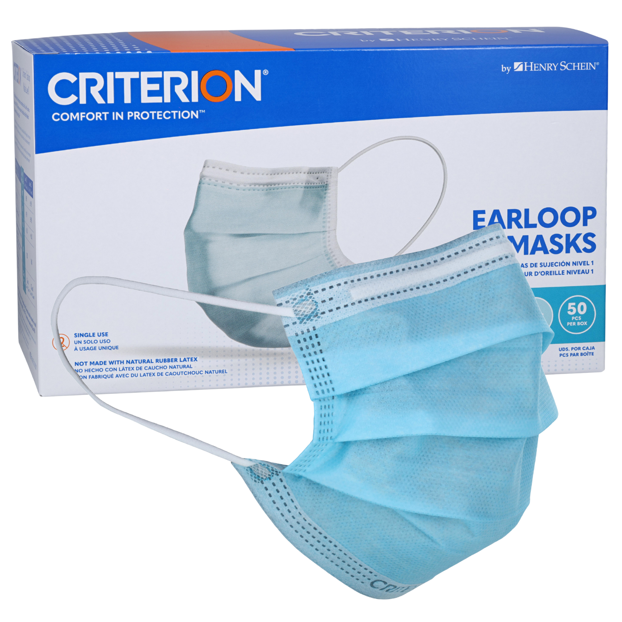 Criterion ASTM Level 1 Disposable Face Mask, Adult Size, Blue, 3-Ply, Fluid Resistant, Latex-Free, Flat Earloops, Adjustable Nose Piece, 50/Box