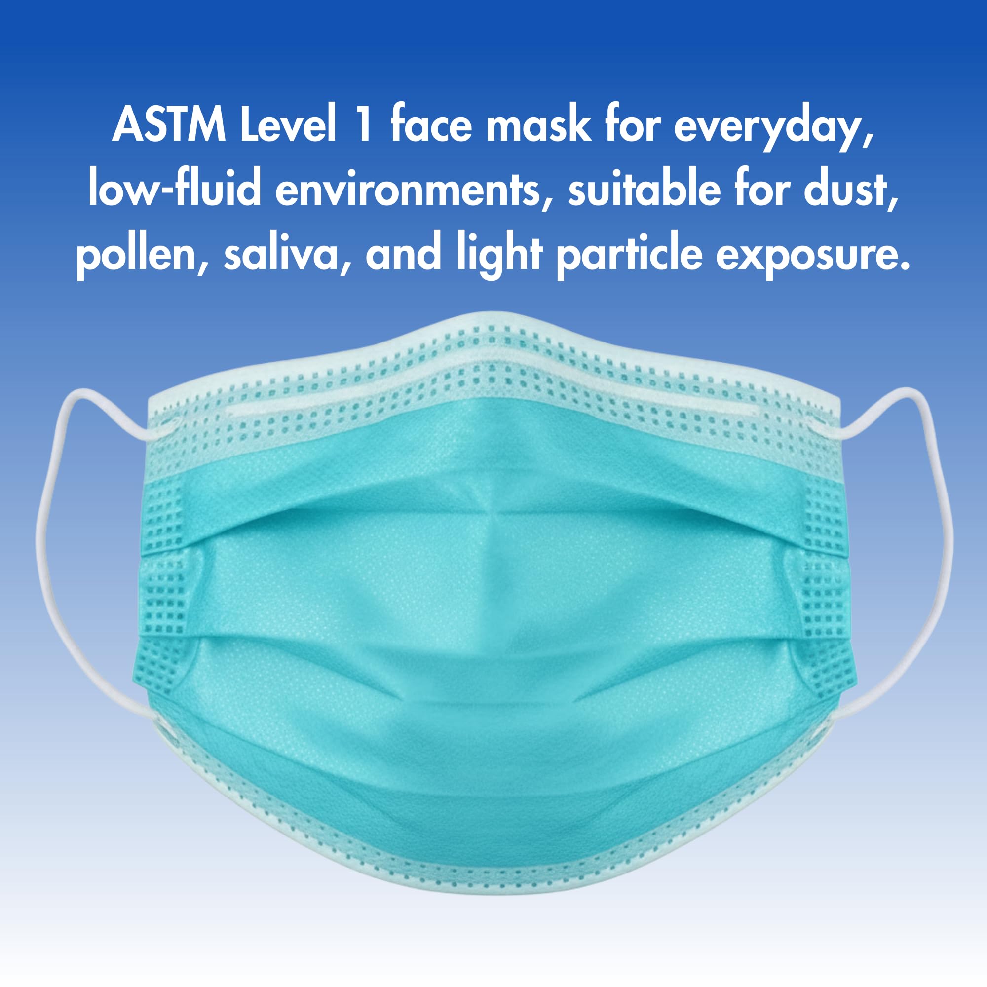 Criterion ASTM Level 1 Disposable Face Mask, Adult Size, Teal, 3-Ply, Fluid Resistant, Latex-Free, Flat Earloops, Adjustable Nose Piece, 50/Box