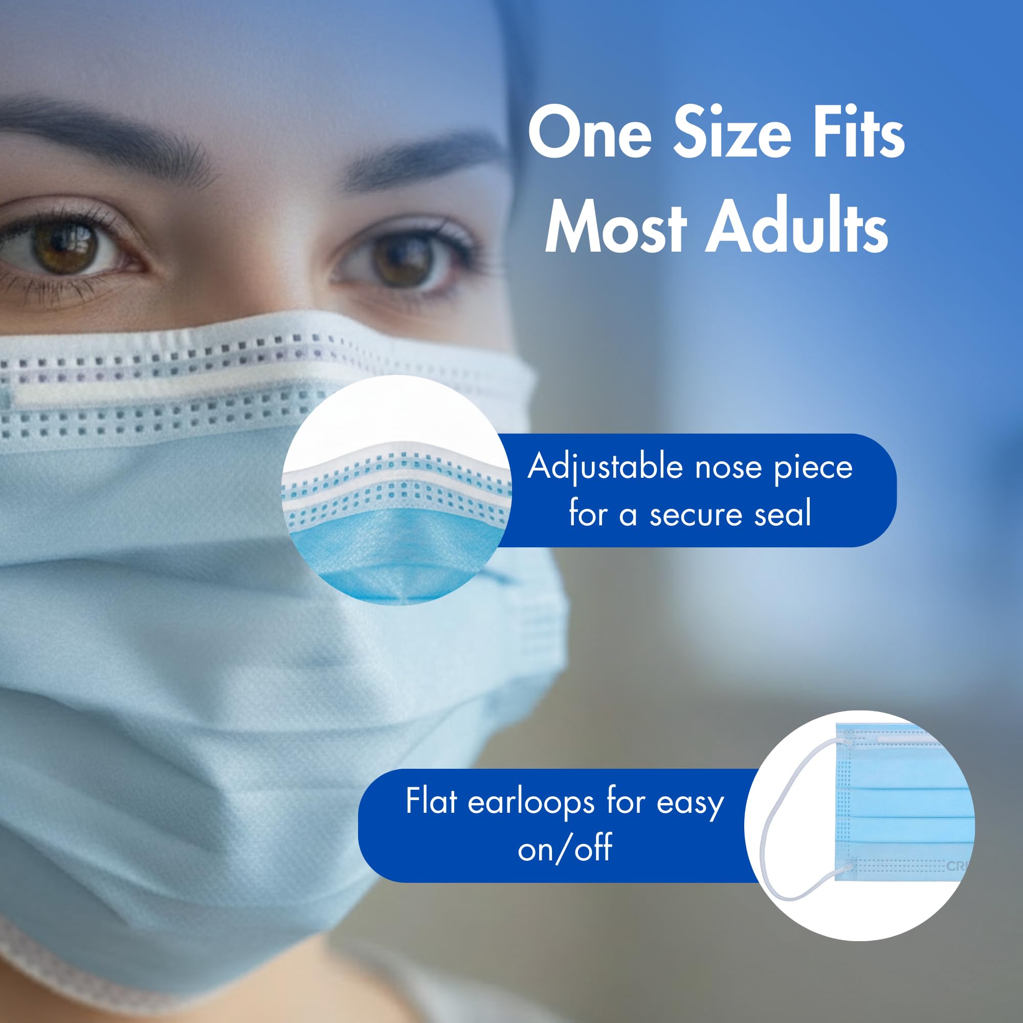 Criterion ASTM Level 3 Disposable Face Mask – Blue, 3-Ply, Fluid Resistant, Latex-Free, Flat Earloops