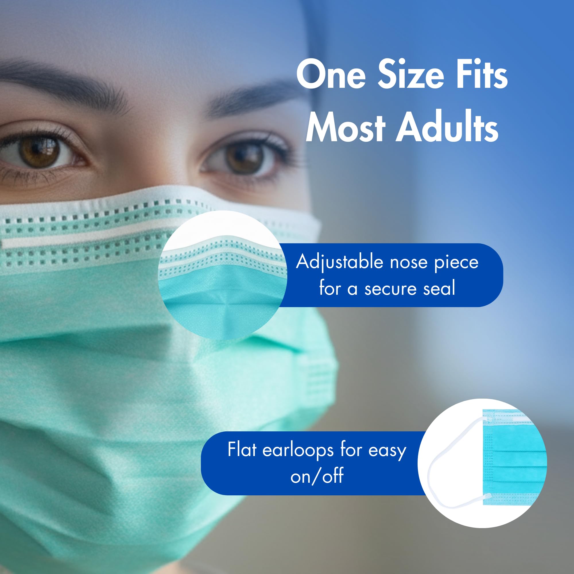 Criterion ASTM Level 1 Disposable Face Mask, Adult Size, Teal, 3-Ply, Fluid Resistant, Latex-Free, Flat Earloops, Adjustable Nose Piece, 50/Box
