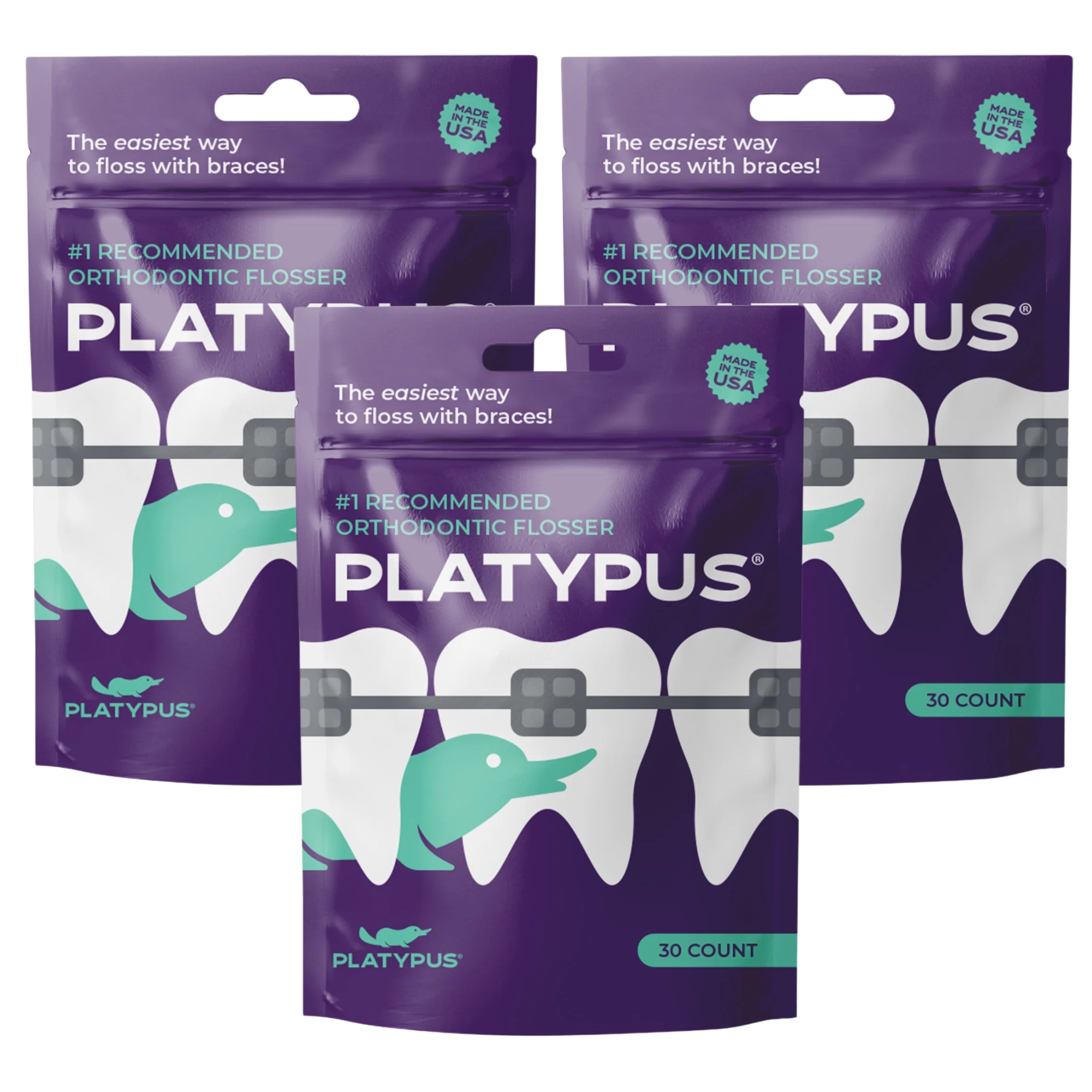 Platypus Orthodontic Flossers for Braces - Dental Floss Picks for Braces, Fits Under Arch Wire, Will Not Damage Braces, Increase Flossing Compliance, Floss Teeth in Less Than Two Minutes - 30 Count