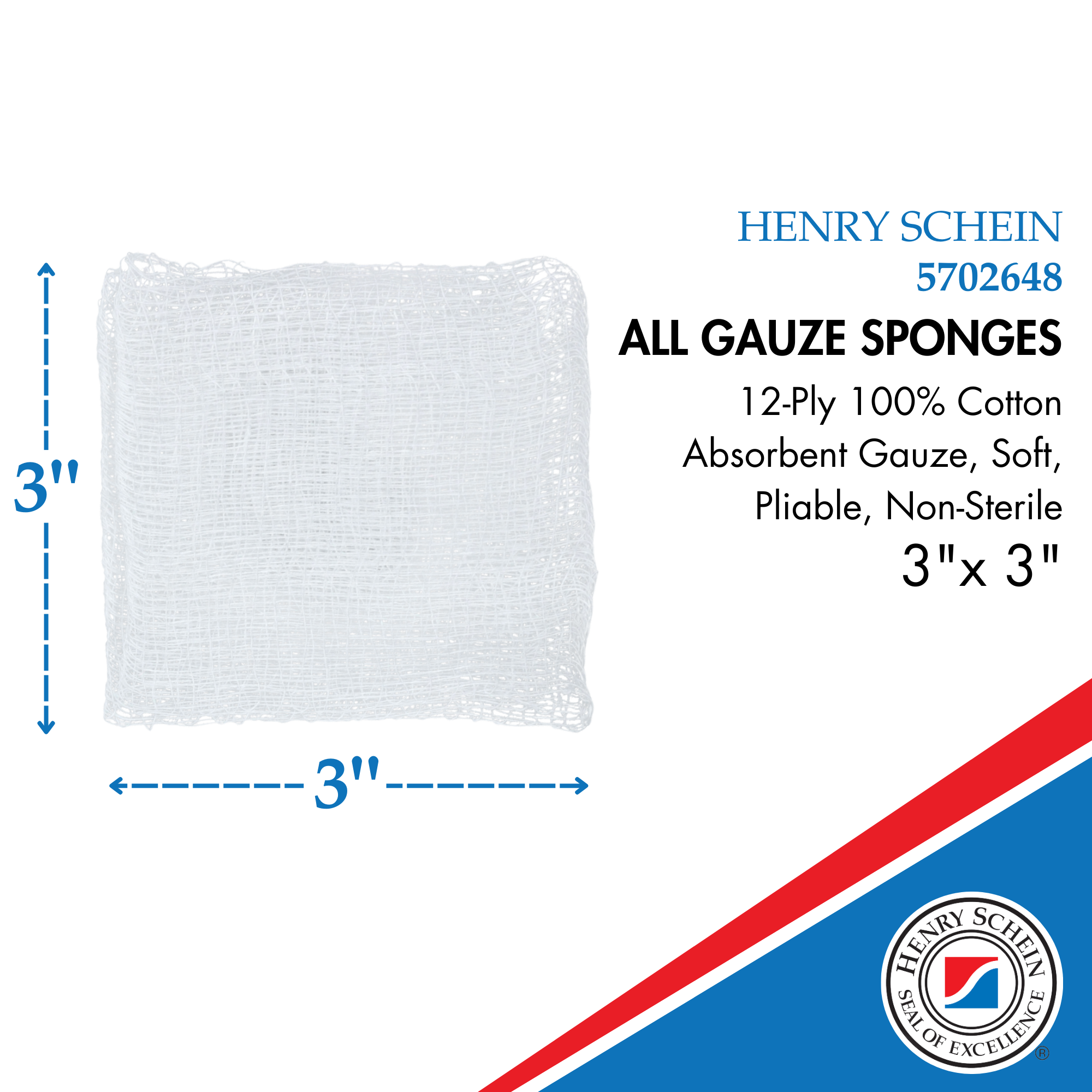 Henry Schein 200-Pack Non-Sterile Gauze Pads 3’’ x 3’’ for Wound Dressing Gauze Sponge-Pads for Wound Care,100% Cotton & Highly Absorbent