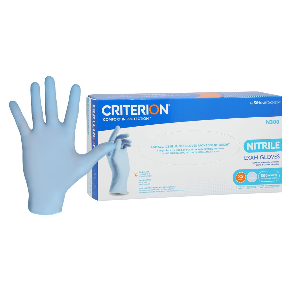 Criterion N300 Ice Blue Nitrile Exam Gloves – Sizes XS–XL, Chlorinated, Non-Sterile, Latex-Free – 300/Box (XS–L), 250/Box (XL)