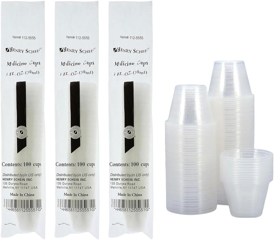 Henry Schein Graduated Medicine Cup (112-5555), Plastic Clear, 1 oz., Easy-To-Read CC, ML, and TBS Graduation, Disposable 100 per Bag