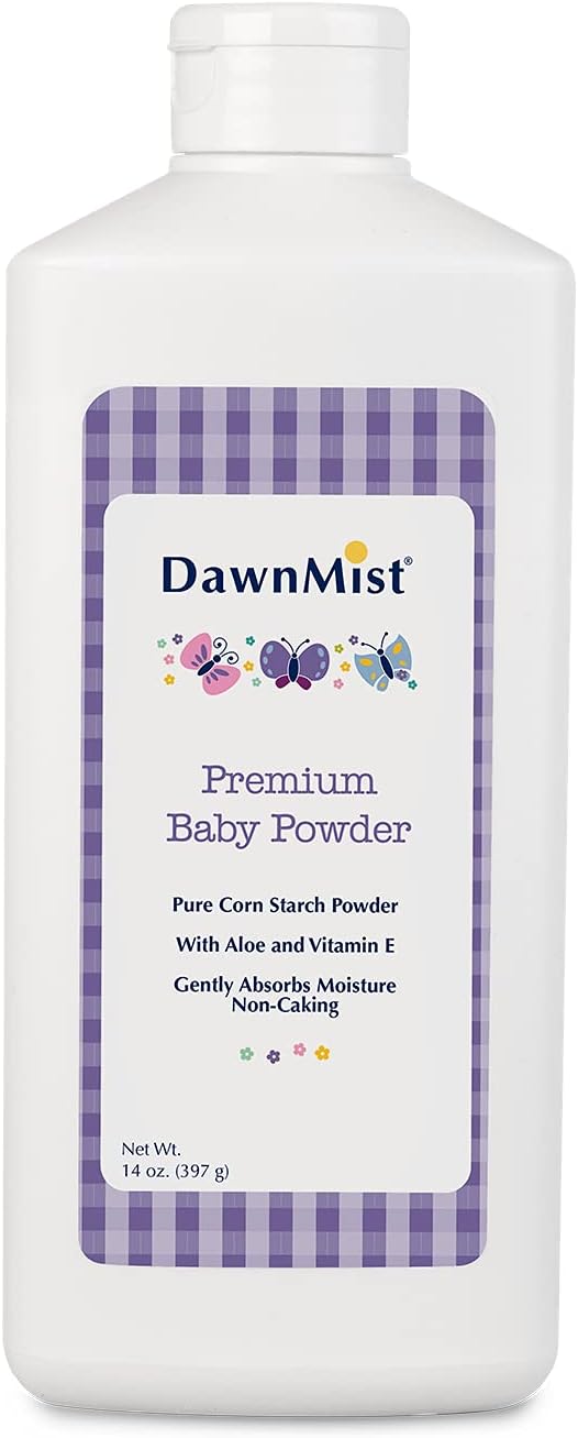 Dukal DawnMist Premium Baby Powder – 14 oz | Talc-Free, Hypoallergenic, with Aloe & Vitamin E | Soothes and Protects Delicate Skin, Full Case (Pack of 24)