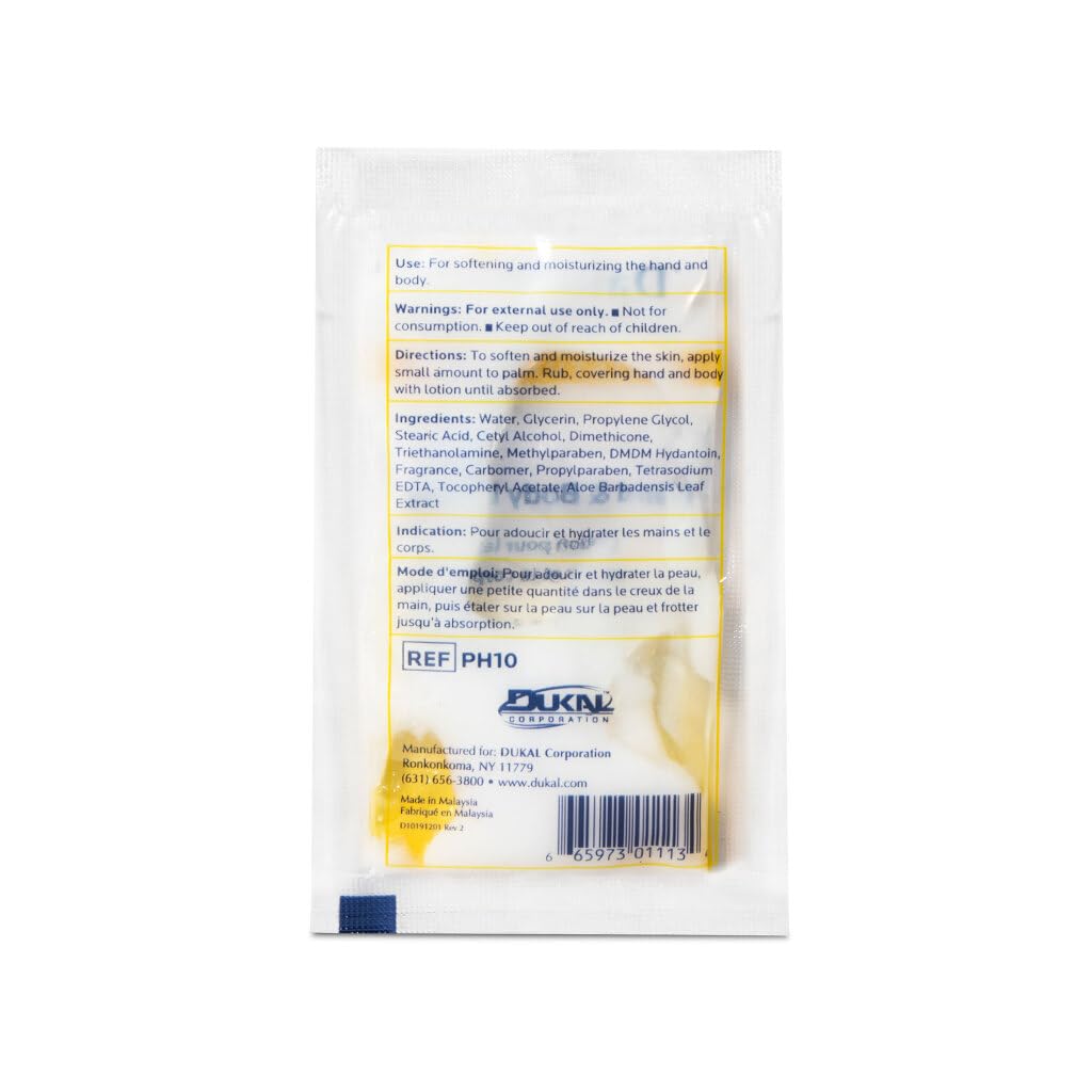 Dukal Moisturizing Lotion. Pack of 100 Hand & Body Lotion. Mild Coconut Fragrance Contains Aloe, Vitamin E, Alcohol-free formula Moisture Loss Prevention 0.35 oz Single-Use Packet. Scented Body Lotion