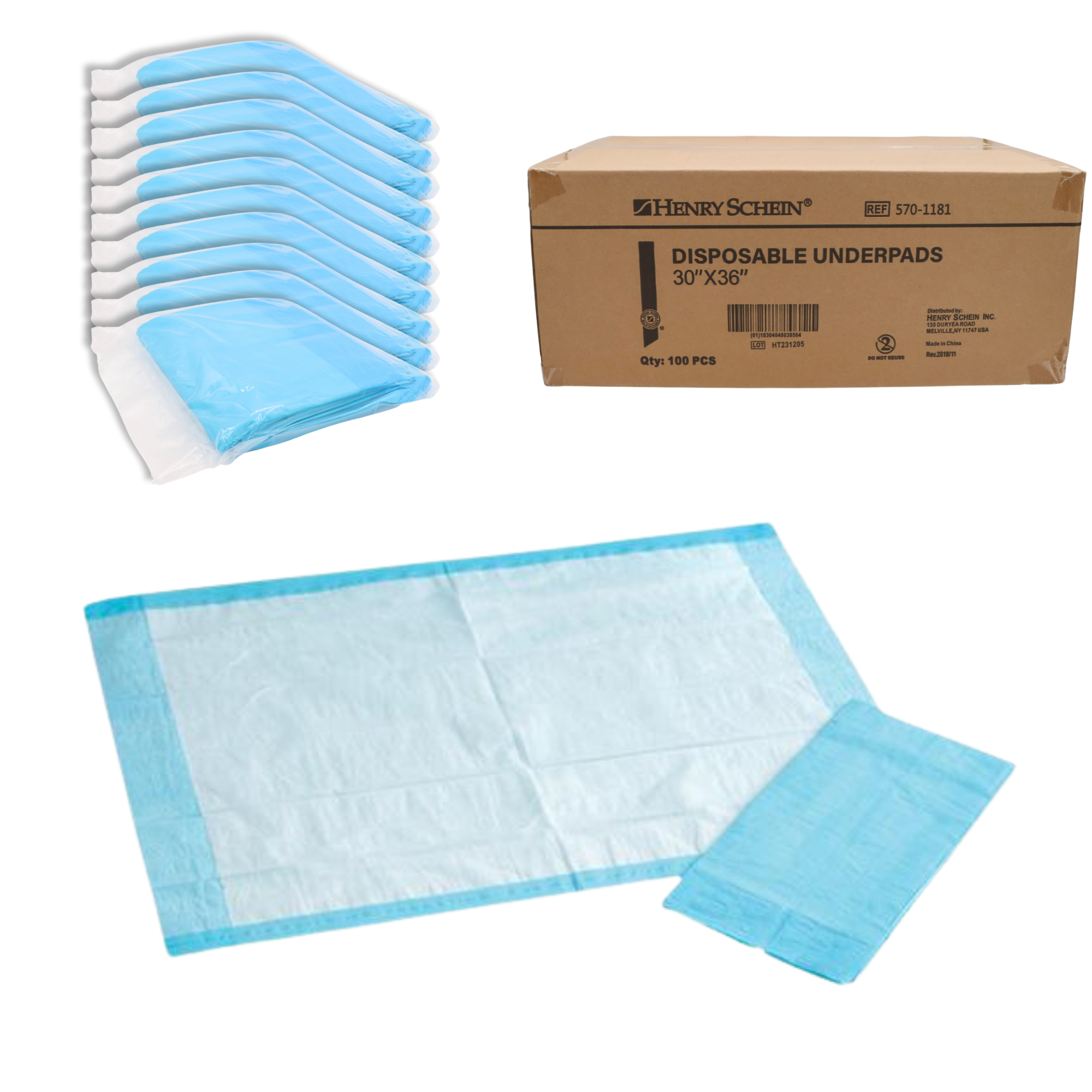 Henry Schein Disposable Underpads, 30x36" – Light Absorbency, 2-Ply Tissue, Not Waterproof – Hypoallergenic, Latex-Free, Poly-Backed for Minor Leaks – 100 Pads/Case, White/Blue