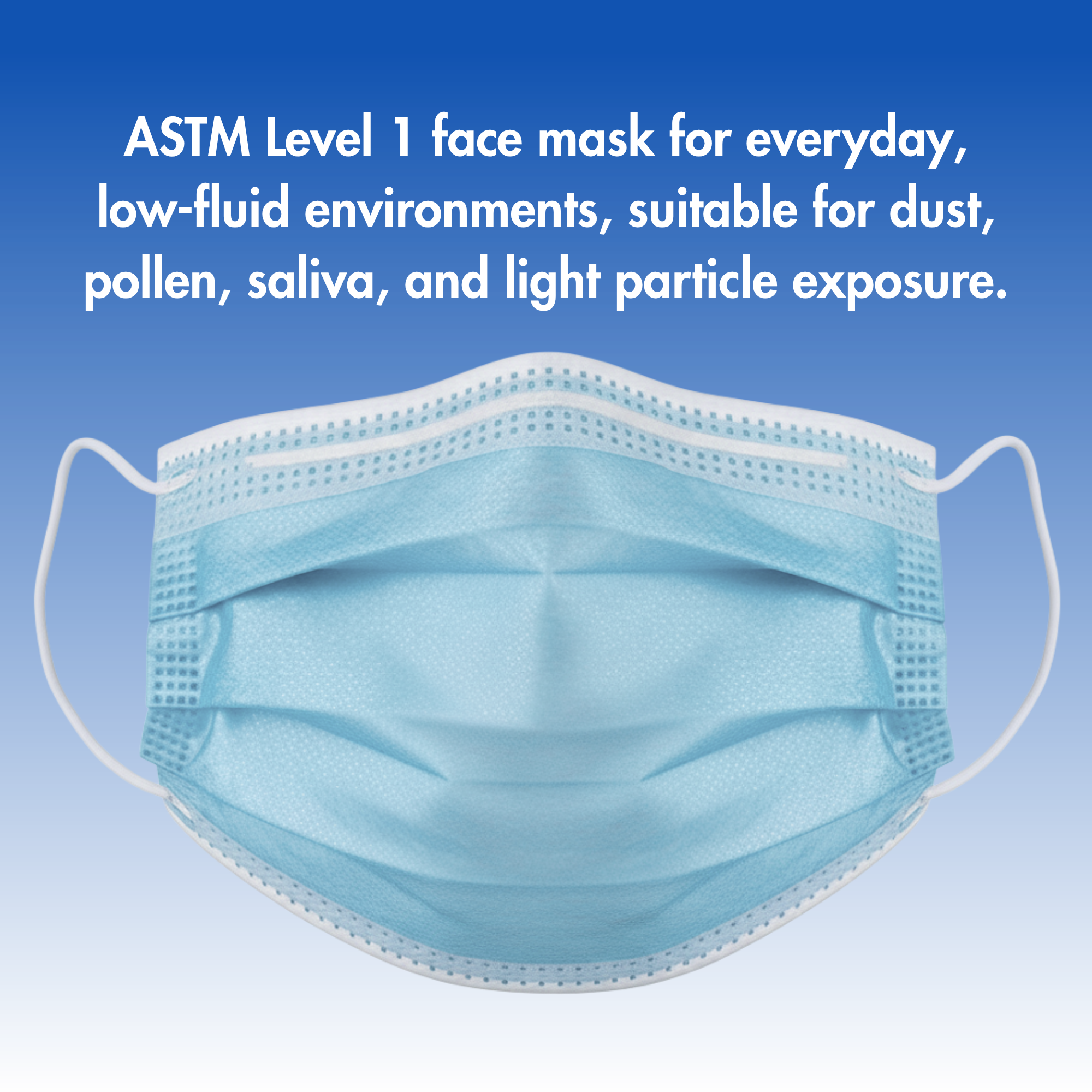 Criterion ASTM Level 1 Disposable Face Mask, Adult Size, Blue, 3-Ply, Fluid Resistant, Latex-Free, Flat Earloops, Adjustable Nose Piece, 50/Box