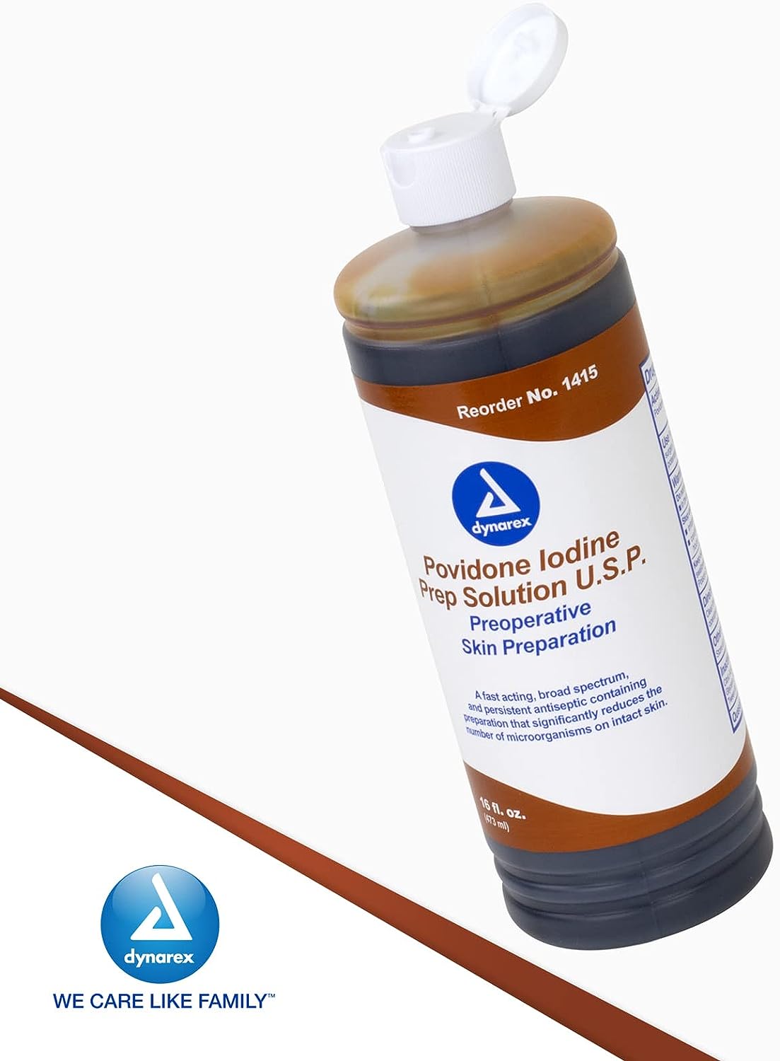 Dynarex Povidone Iodine Prep Solution USP, Effective Topical Antiseptic Liquid for Skin and Mucosa, Cleansing and Preparation, Brown, 1 - 16 Fluid Oz. Bottle