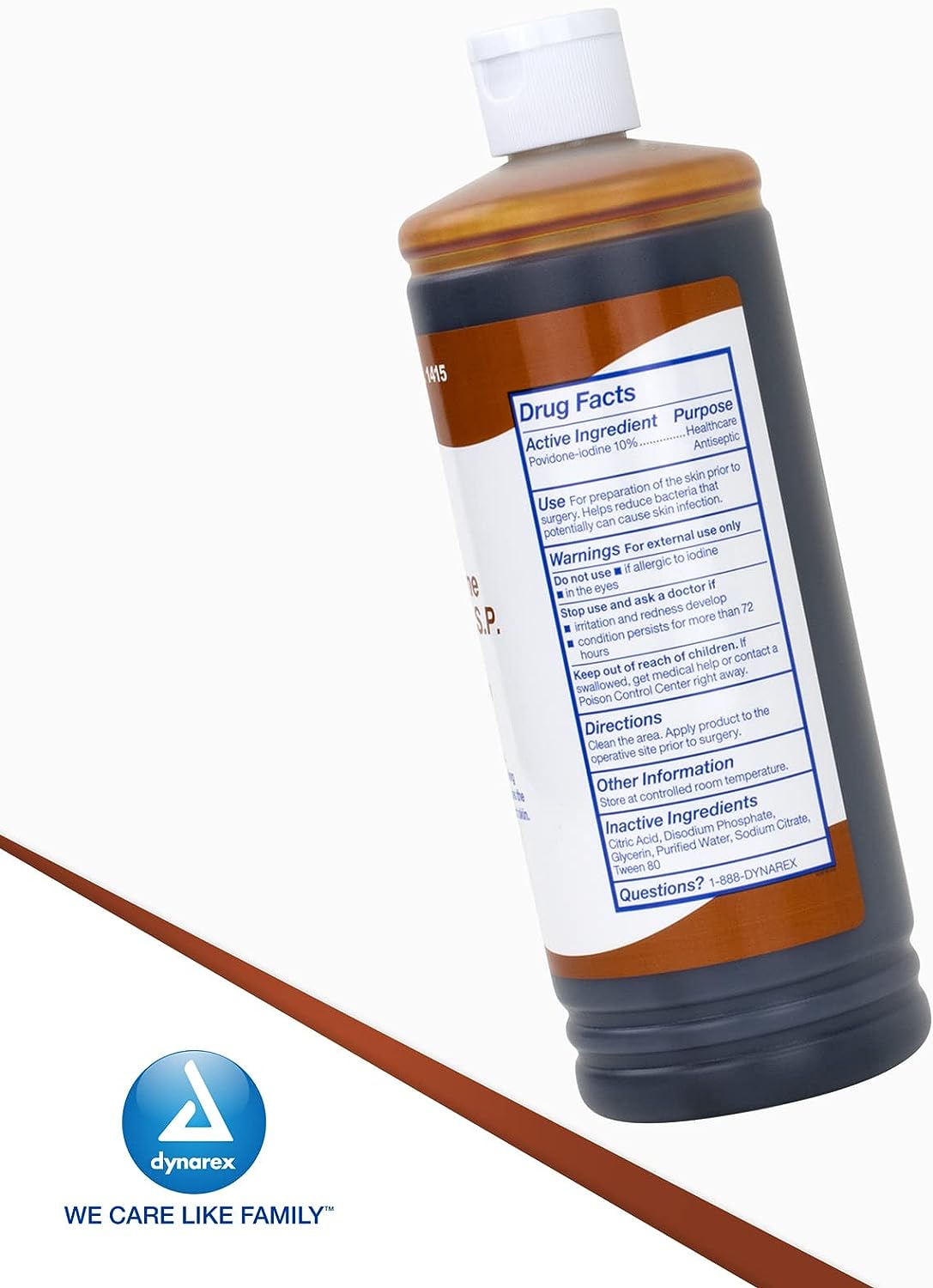 Dynarex Povidone Iodine Prep Solution USP, Effective Topical Antiseptic Liquid for Skin and Mucosa, Cleansing and Preparation, Brown, 1 - 16 Fluid Oz. Bottle