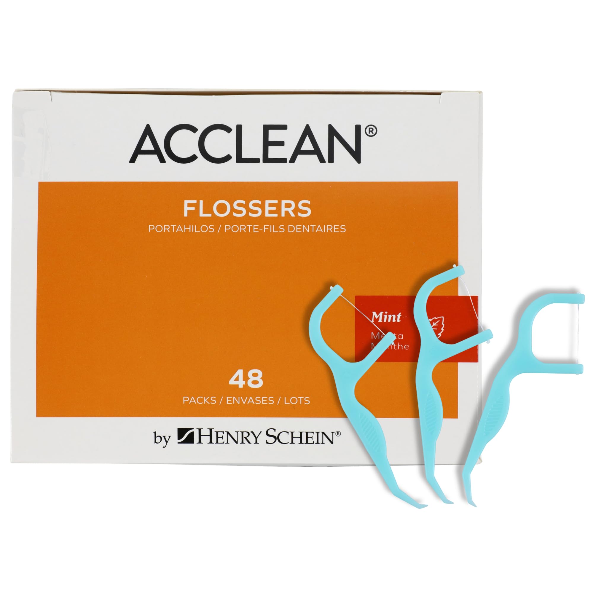 Acclean Dental Flossers Unflavored, 144 Count (48 Packs of 3), Interdental Floss Picks with Gum Stimulator, Shred-Resistant Floss, Dispenser Box for Easy Storage