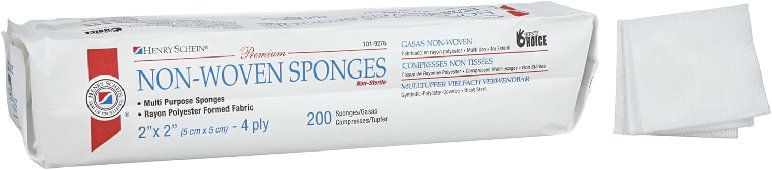 Henry Schein Premium Gauze, Rayon/Polyester Blend Non-Woven Sponges, 2 in x 2 in 4 Ply Non-Sterile, 4-Ply, 200/Pack