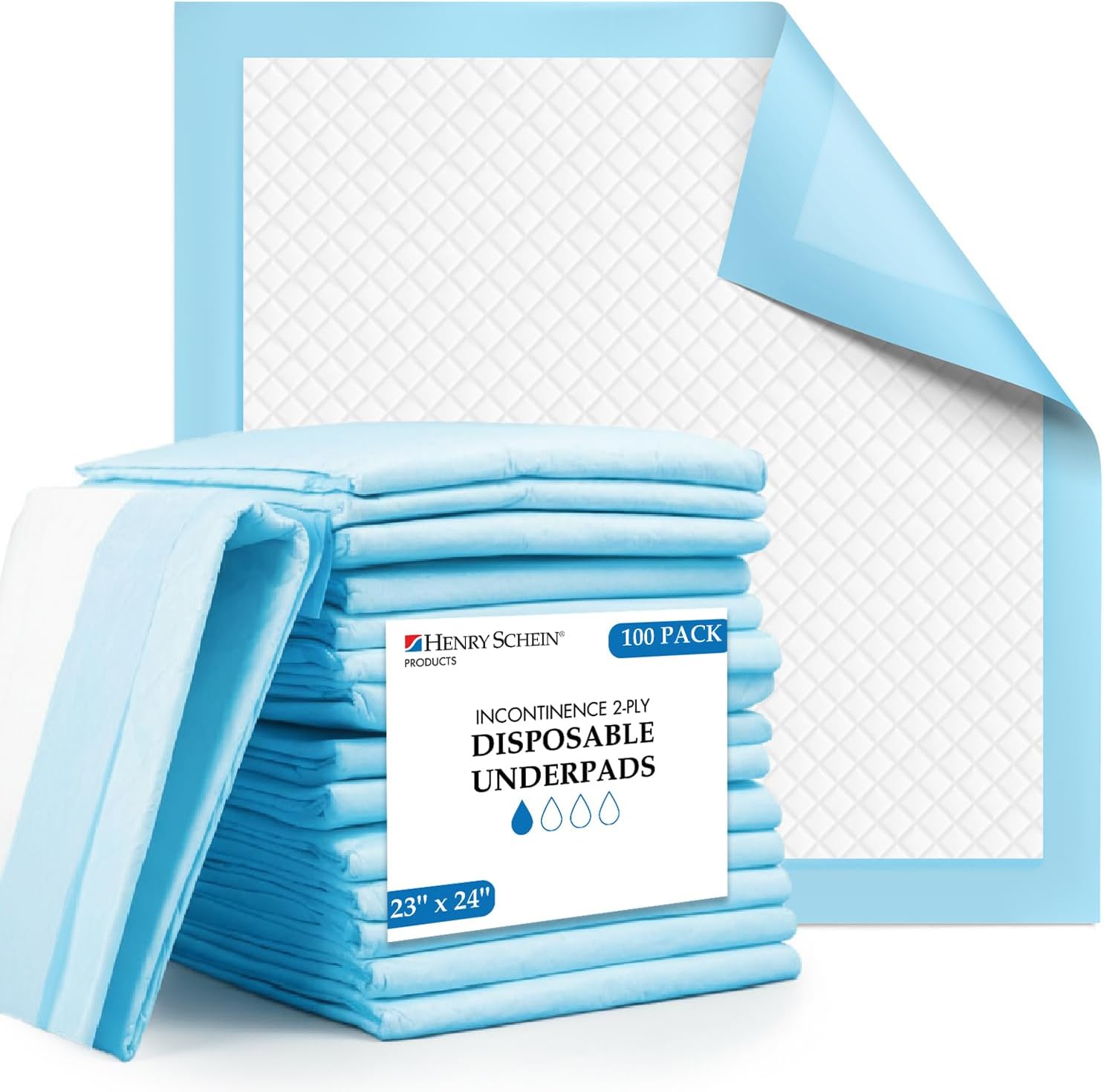 Henry Schein Disposable Underpads 23'' x 24'' Incontinence Pads, Bed Covers, Puppy Training | Thick, Super Absorbent Protection for Kids, Adults, Elderly | Liquid, Urine, Accidents