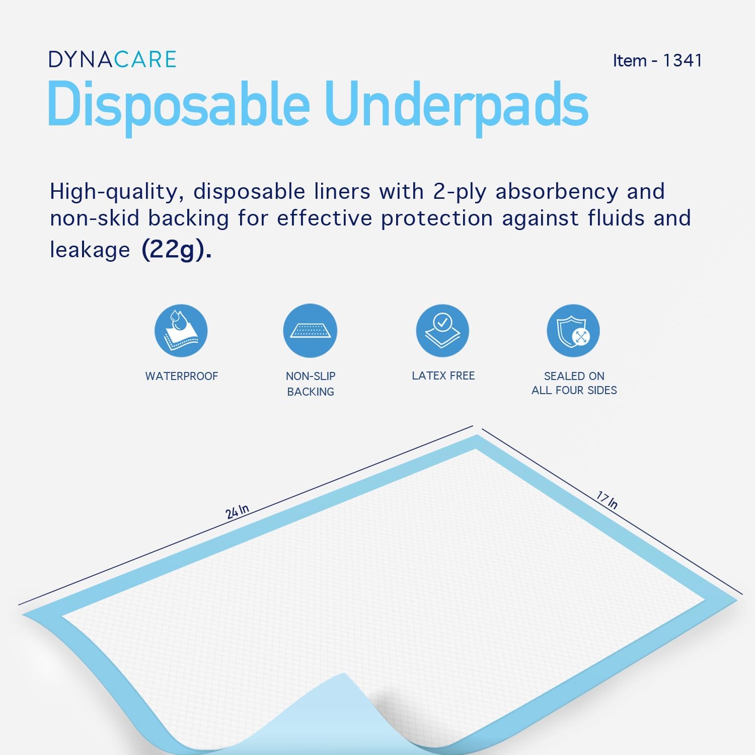 Dynarex Disposable UnderPad, 17" x 24", 22g, Incontinence Bed Pad to Protect Sheet, Mattresses, and Furniture