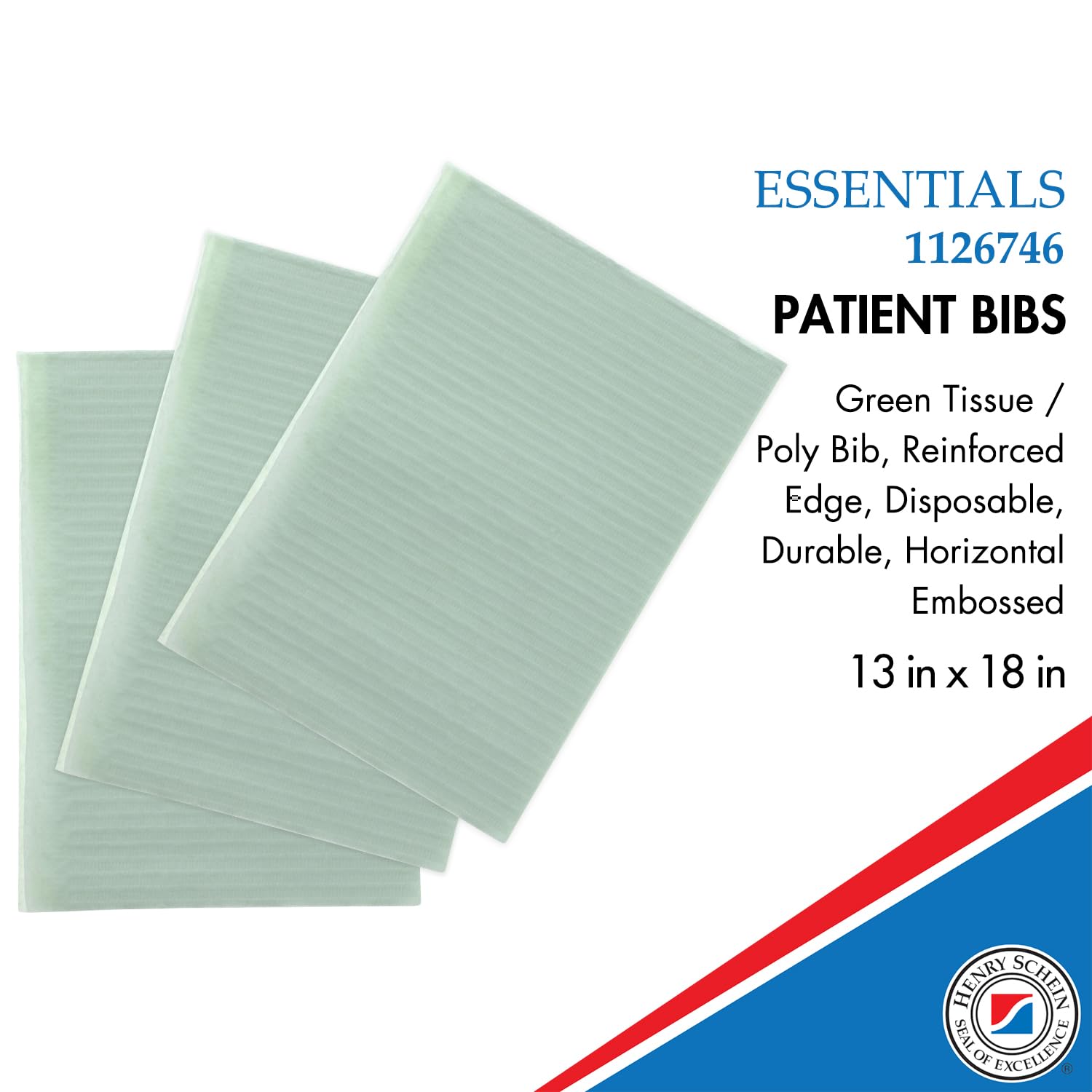 Essentials Patient Bibs – 2-Ply Tissue/Poly, 13” x 18”, 500/Case, Disposable with Reinforced Edge & Horizontal Embossed Texture – Fluid-Resistant Medical & Dental Bibs for Adults