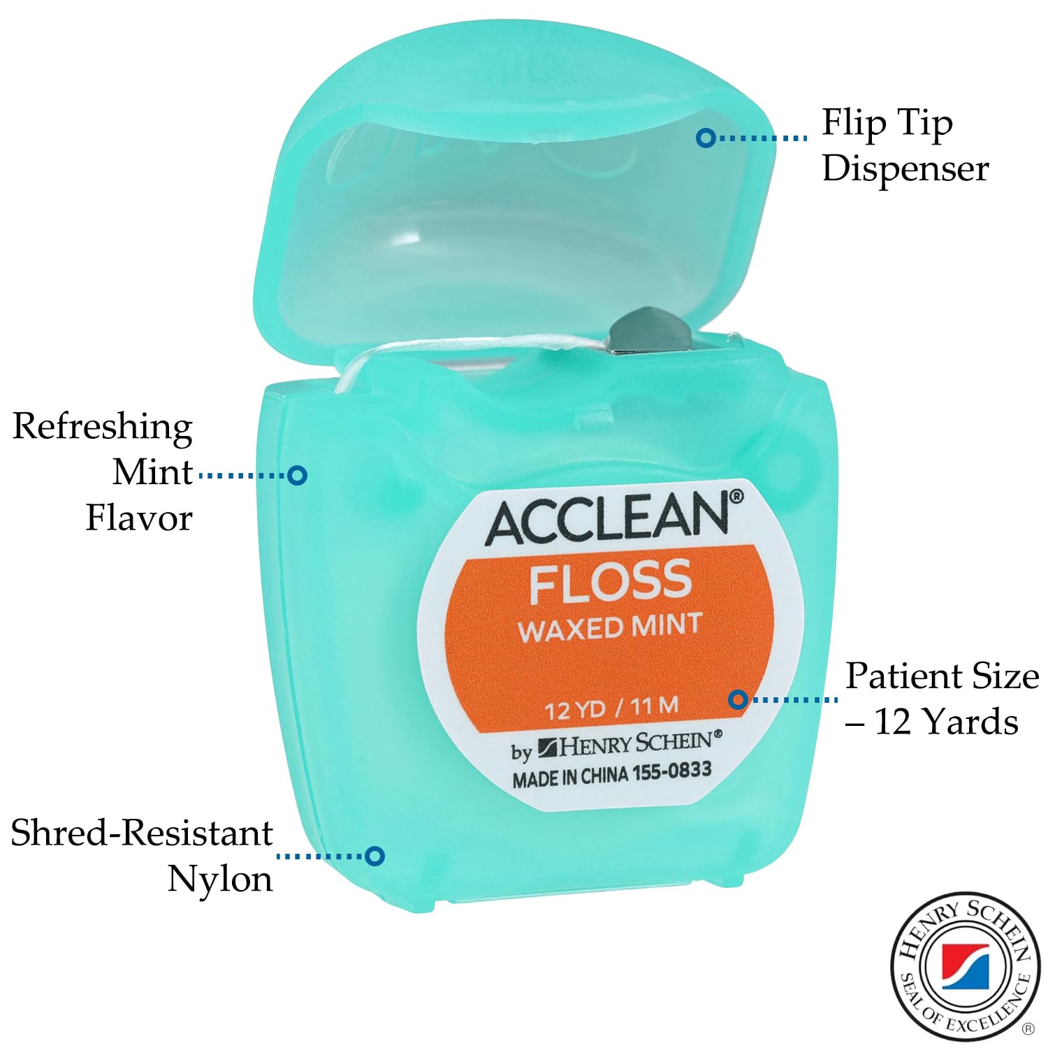 Acclean Dental Floss, Nylon, Waxed, 12 Yards, Mint Flavor, Patient Size