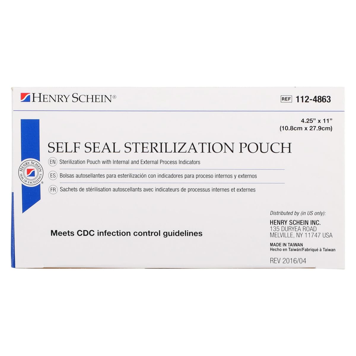 Henry Schein Self-Sealing Sterilization Pouches, Latex-Free, Built in Color Change Guide 4.25 in x 1n