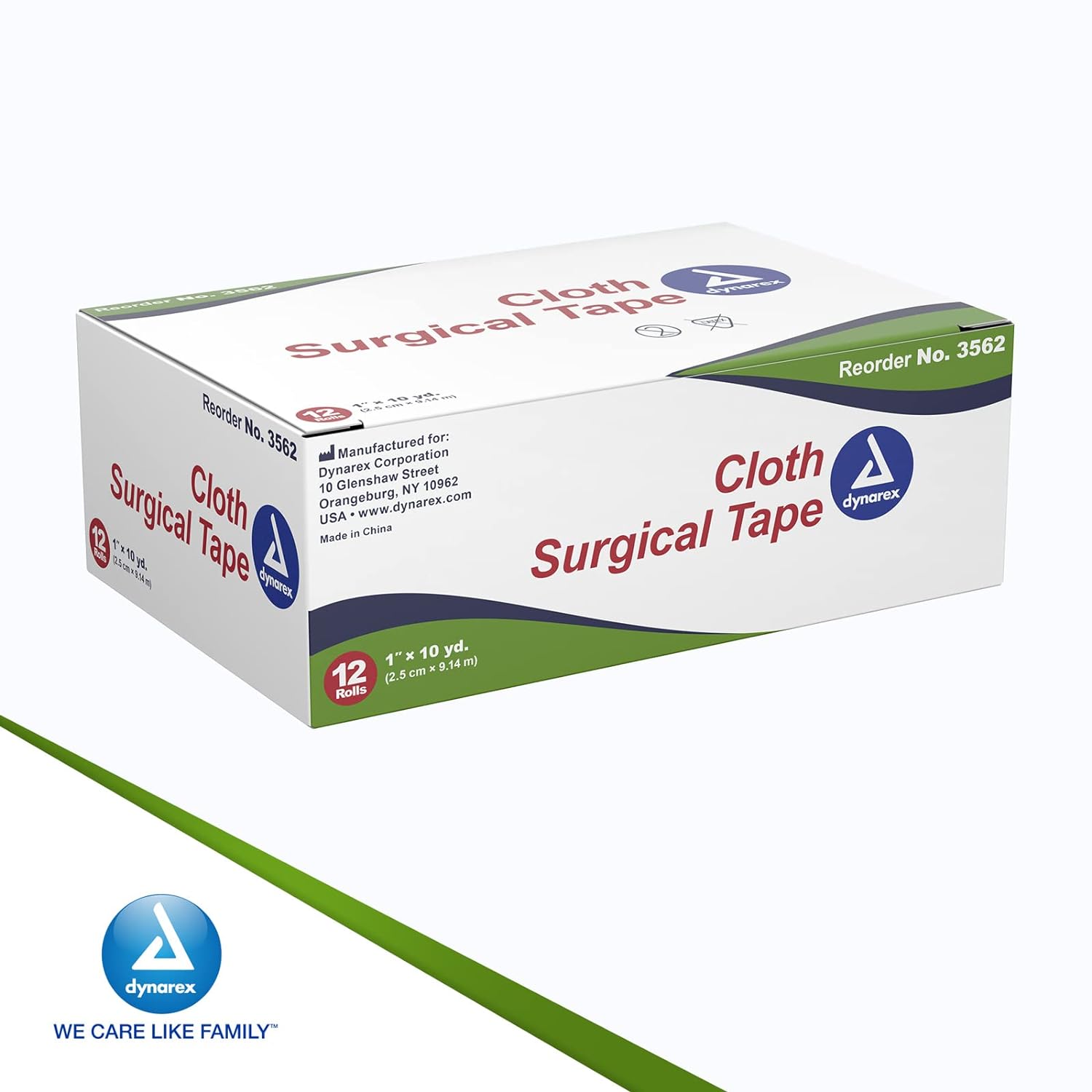 Dynarex Cloth Surgical Tape, Durable, Soft-Smooth Silky Fabric, Latex-Free, Self-Sticking Tape, Tearable, Secure Adhesion, White, 1” x 10 yds, 1 Box of 12 Rolls of Tape