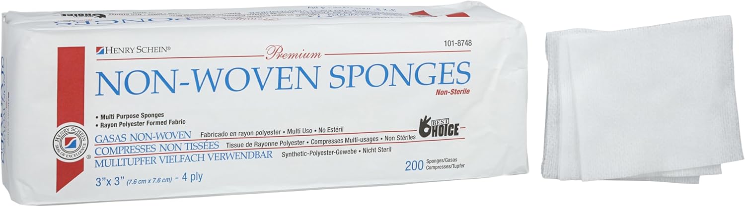 Henry Schein Premium Gauze, Rayon/Polyester Blend Non-Woven Sponges, 3 in x 3 in 4 Ply Non-Sterile, 4-Ply, 200/Pack