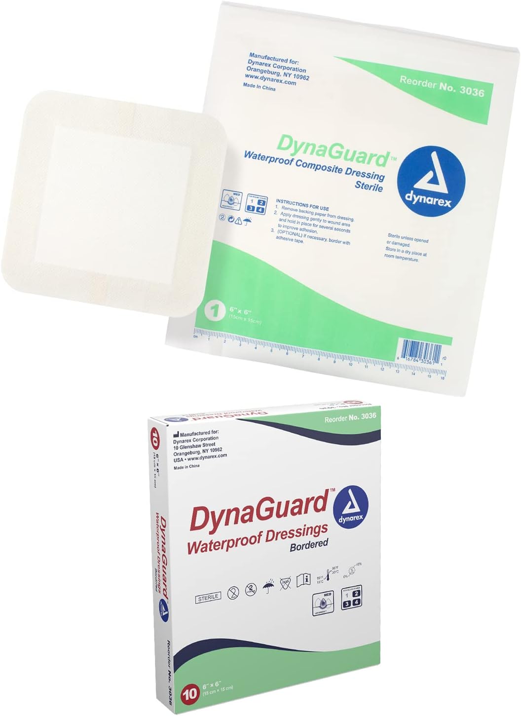 Dynarex 3036 DynaGuard Waterproof Dressing, Sterile, Four-Layer Composite Dressing, 6" x 6", Pack of 10