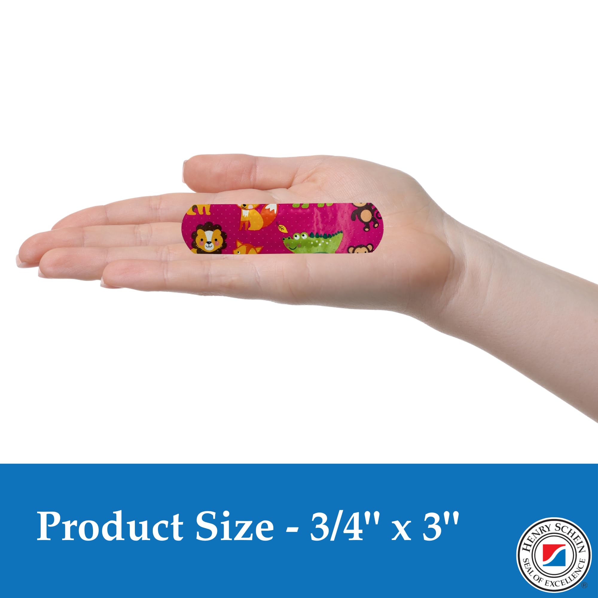 Henry Schein Adhesive Bandages – Plastic, 3/4" x 3", Animal Print, Sterile – 100 per Box, Individually Wrapped for Medical or Pediatric Use