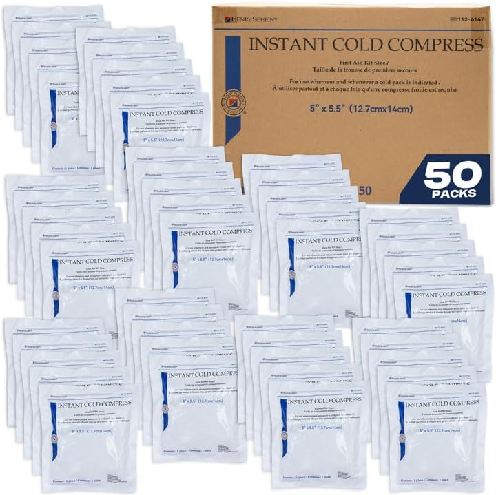 Henry Schein Instant Cold Packs, 5" x 5.5" (50 Pack) – Disposable Single-Use Ice Packs for Pain Relief, Swelling, Sprains, Sports Injuries, First Aid & Toothaches