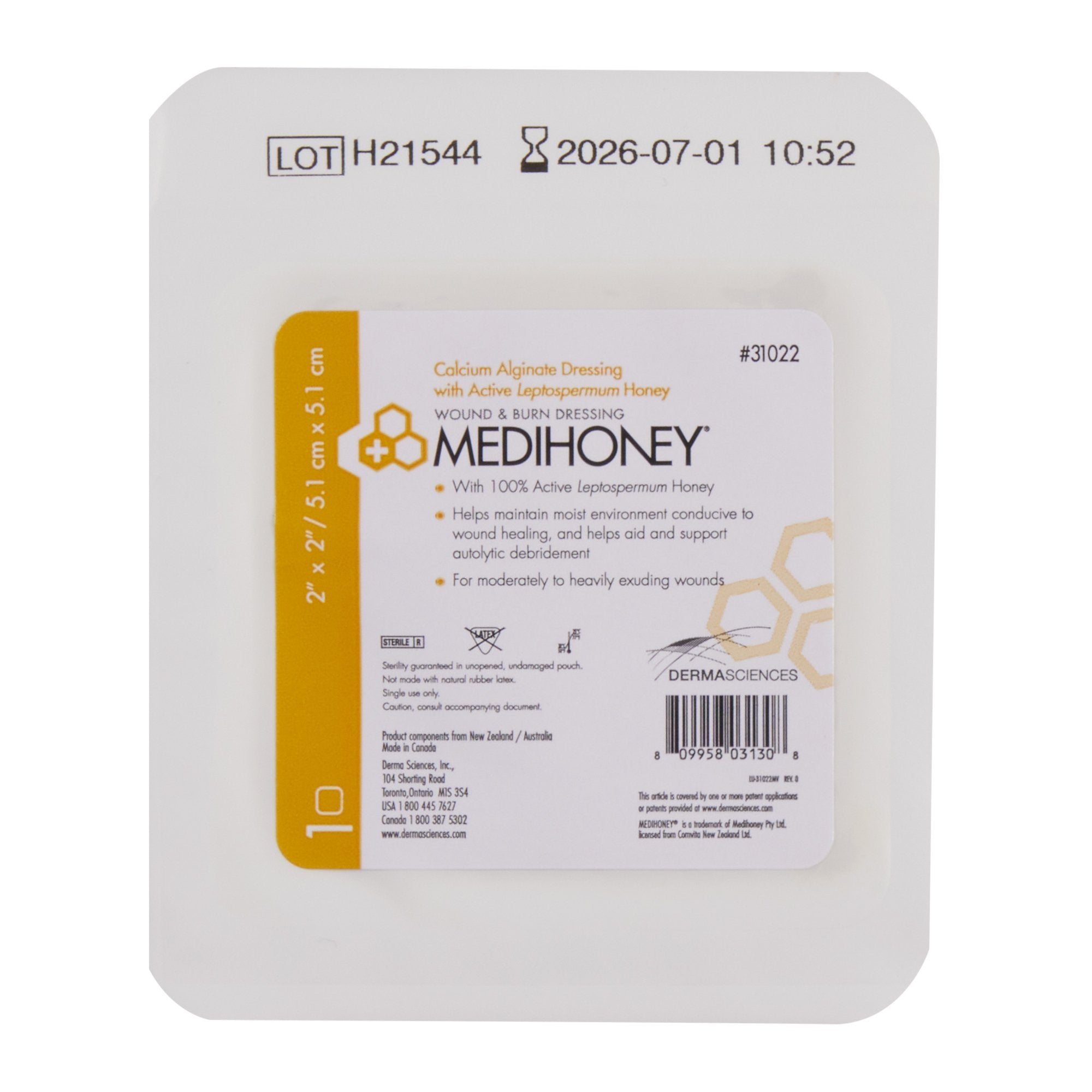 Derma Sciences 31022 Medihoney Calcium Alginate Dressing, 2" Width x 2" Length (Pack of 10)