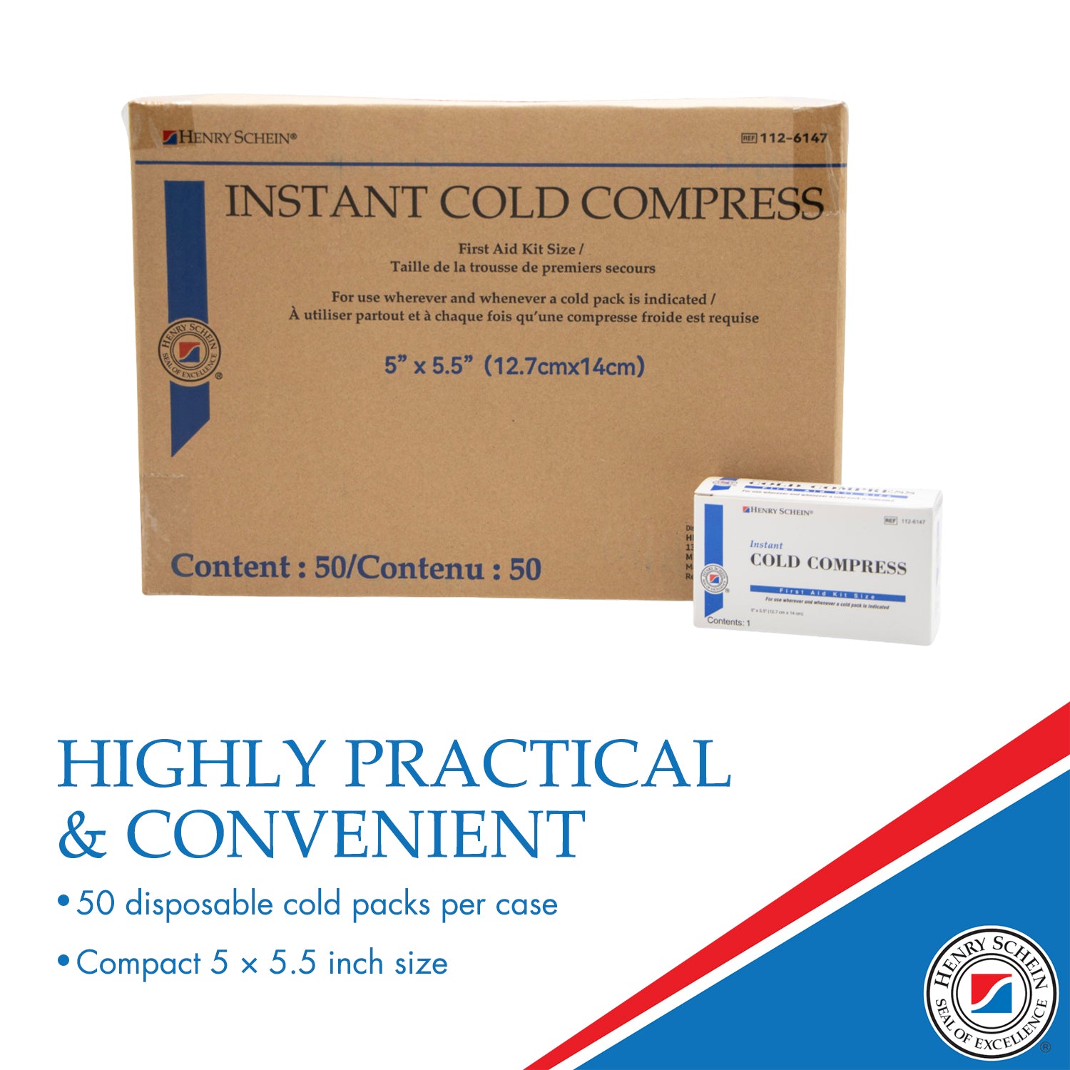 Henry Schein Instant Cold Packs, 5" x 5.5" (50 Pack) – Disposable Single-Use Ice Packs for Pain Relief, Swelling, Sprains, Sports Injuries, First Aid & Toothaches