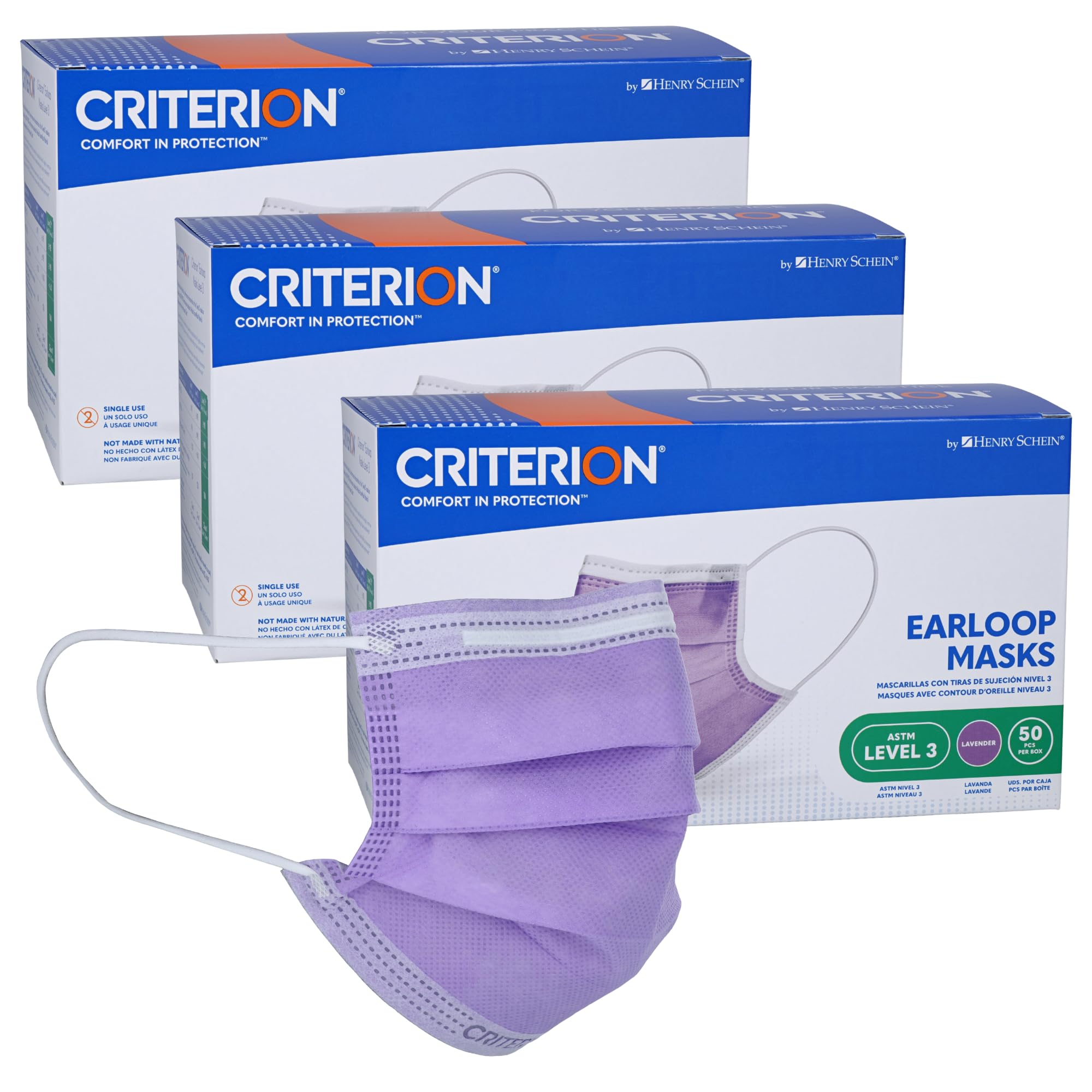 Criterion ASTM Level 3 Disposable Face Mask – Lavender, 3-Ply, Fluid Resistant, Latex-Free, Flat Earloops, Adult, 50/Box
