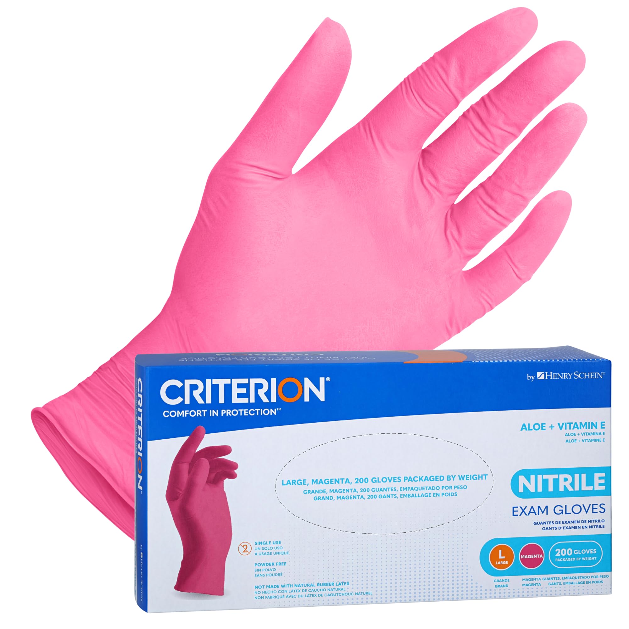 Henry Schein Criterion Nitrile Exam Gloves, Magenta Pink, 200/Box, Latex-Free, Powder-Free, Soothing Formula with Vitamin E and Aloe Vera