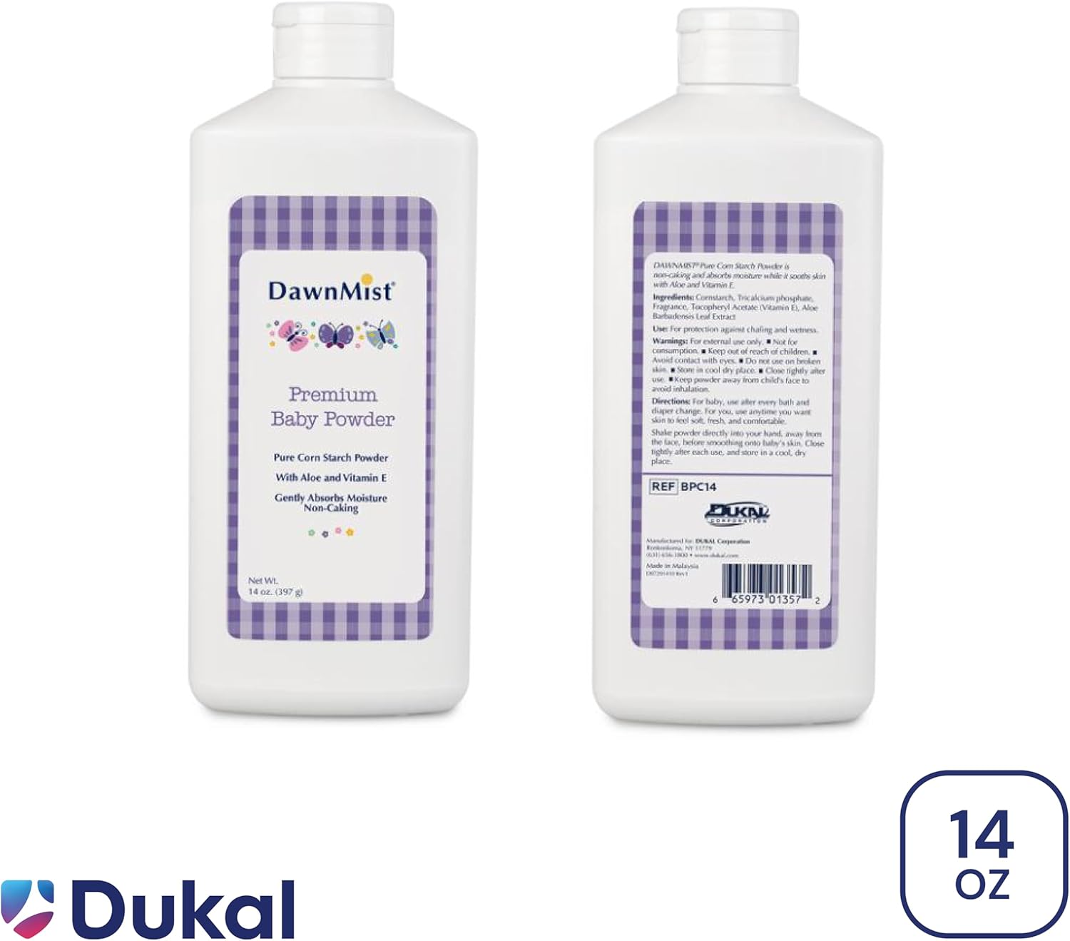 Dukal DawnMist Premium Baby Powder – 14 oz | Talc-Free, Hypoallergenic, with Aloe & Vitamin E | Soothes and Protects Delicate Skin, Full Case (Pack of 24)