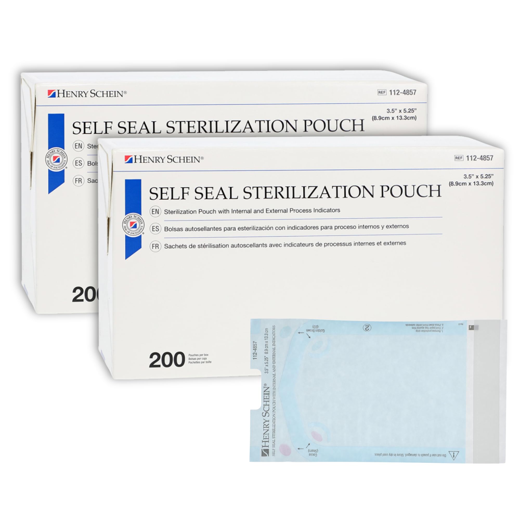 Henry Schein Self-Sealing Sterilization Pouches, Latex-Free, Built in Color Change Guide 3.5 in x 5.25