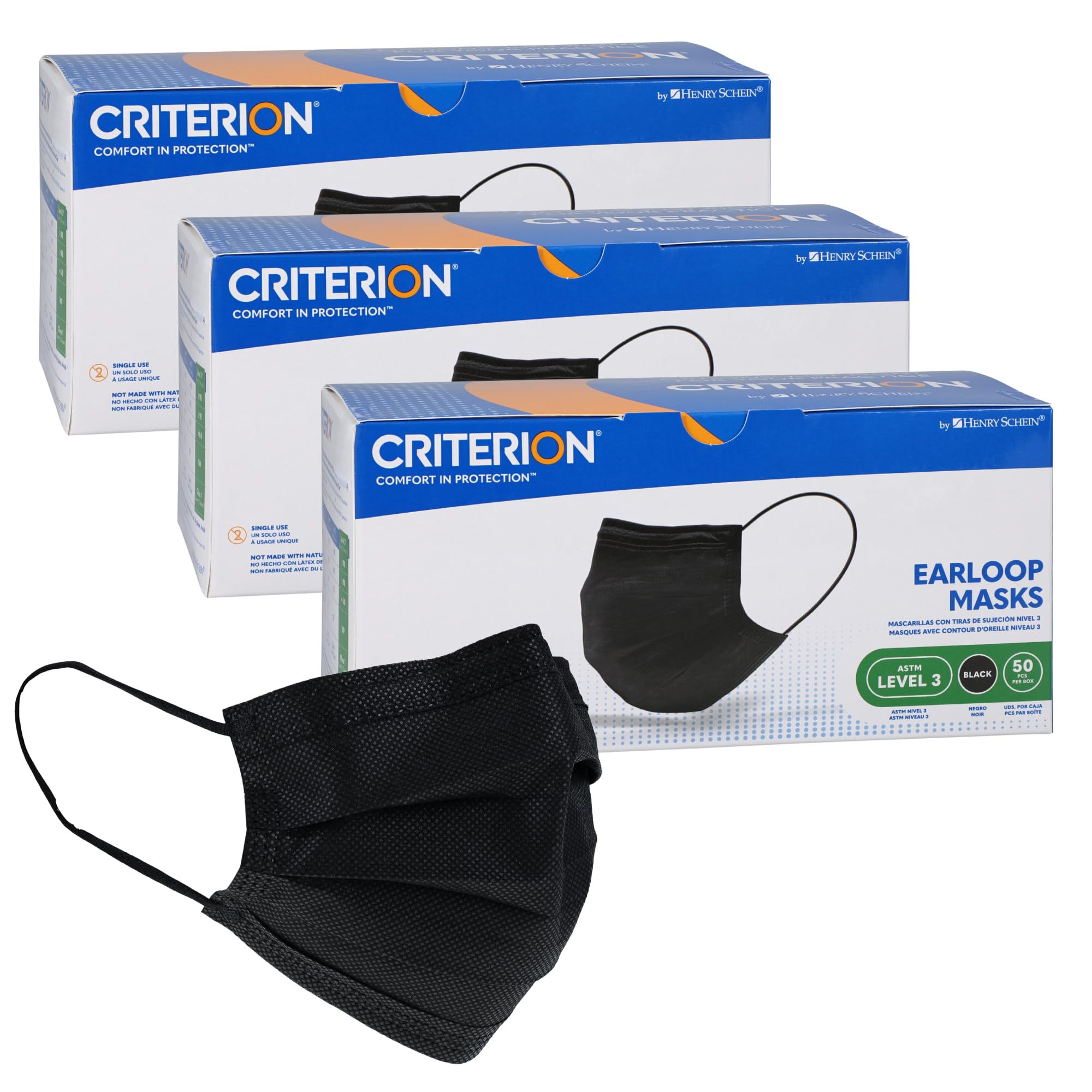 Criterion ASTM Level 3 Disposable Face Mask – Black, 3-Ply, Fluid Resistant, Latex-Free, Flat Earloops, Adult, 50/Box