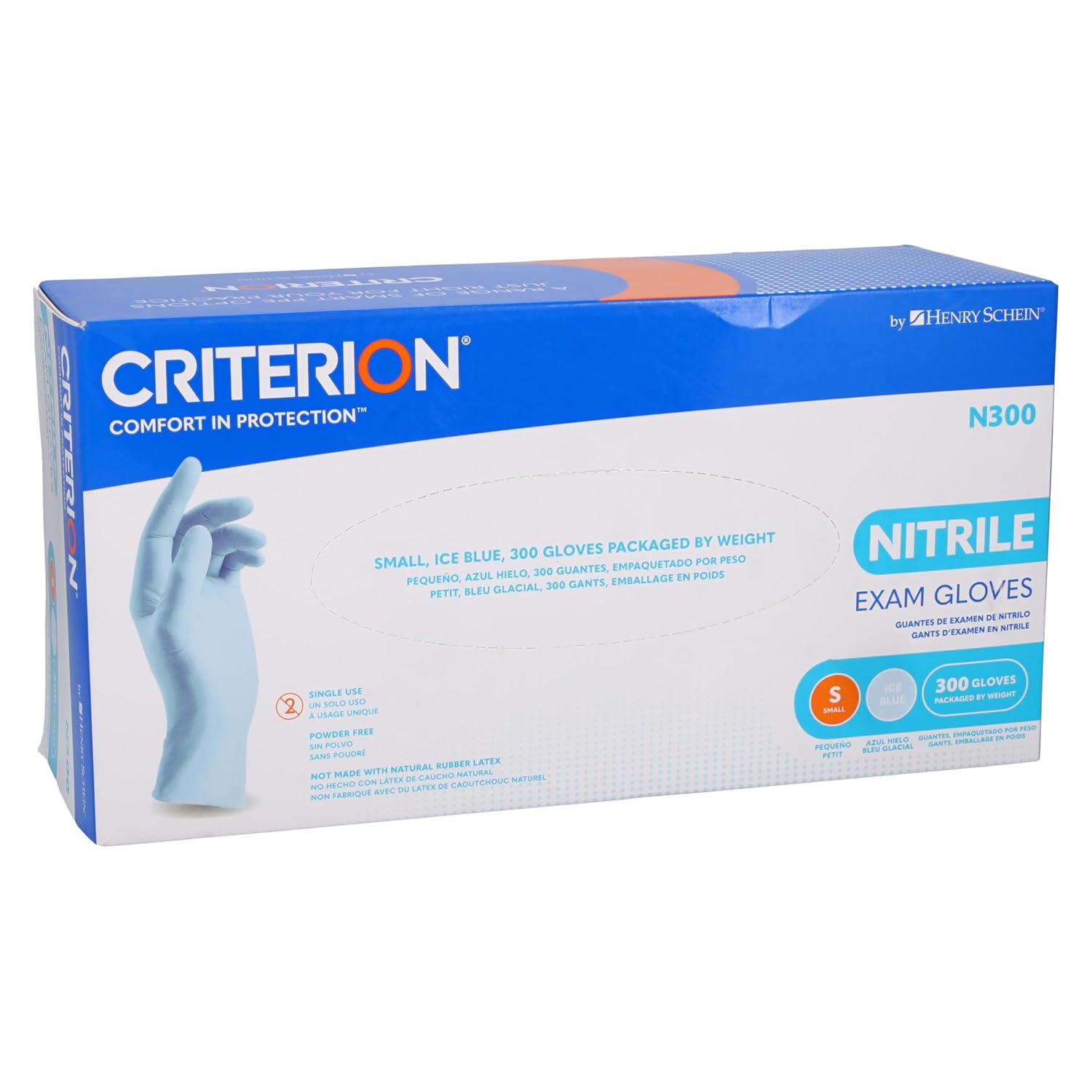 Criterion N300 Ice Blue Nitrile Exam Gloves – Sizes XS–XL, Chlorinated, Non-Sterile, Latex-Free – 300/Box (XS–L), 250/Box (XL)