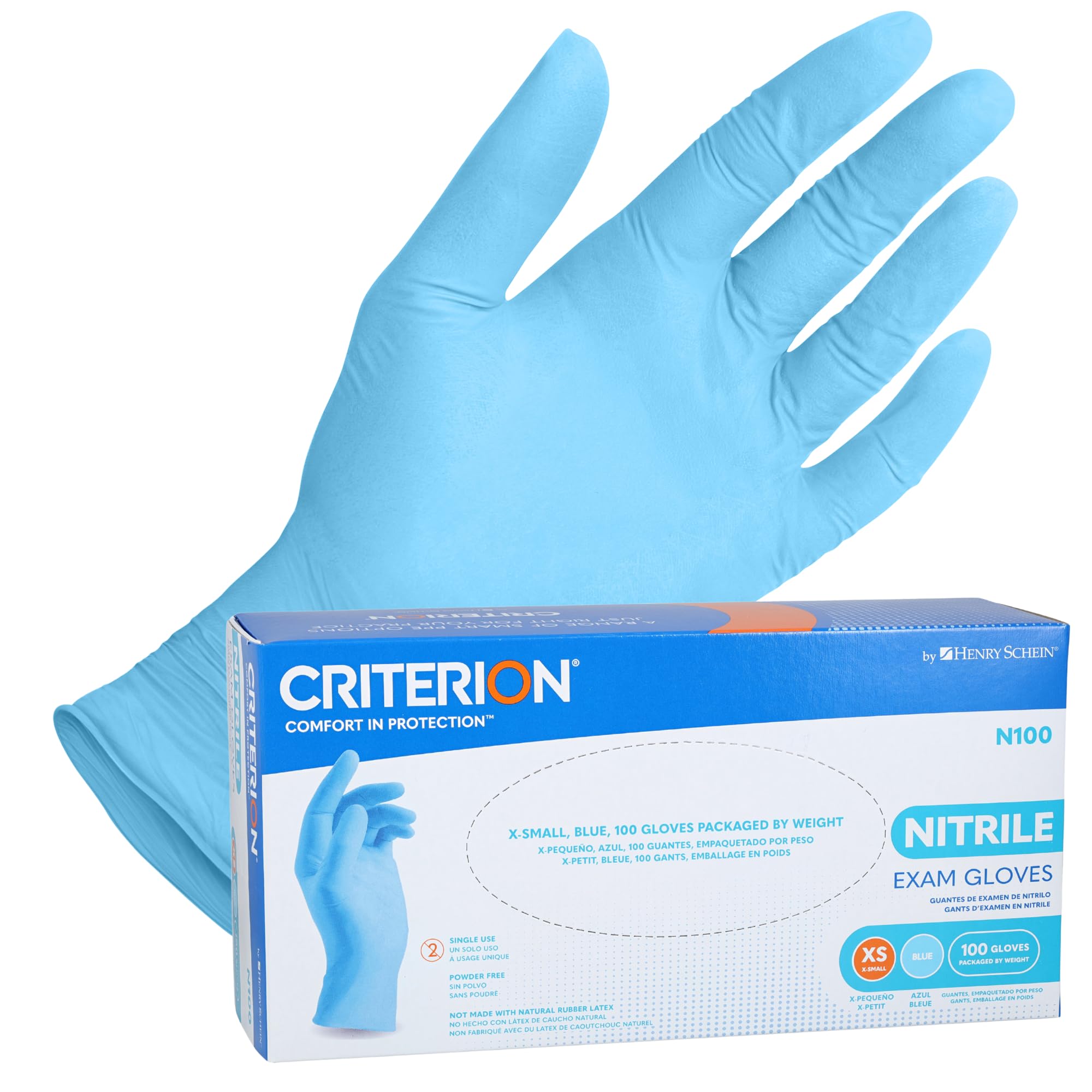 Criterion N100 Blue Nitrile Exam Gloves, 3.54 Mil, Powder-Free, Textured Fingers – Sizes XS to L: 100/Box, XL: 90/Box