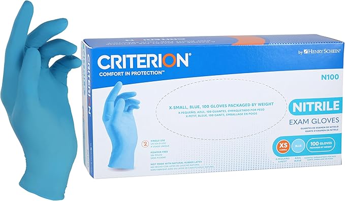 Criterion N100 Blue Nitrile Exam Gloves, 3.54 Mil, Powder-Free, Textured Fingers – Sizes XS to L: 100/Box, XL: 90/Box