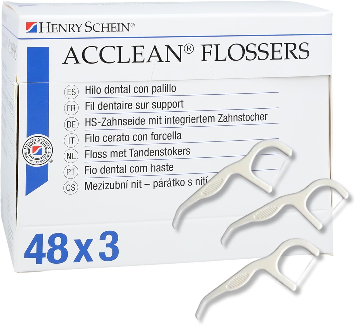Acclean Dental Flossers Unflavored, 144 Count (48 Packs of 3), Interdental Floss Picks with Gum Stimulator, Shred-Resistant Floss, Dispenser Box for Easy Storage