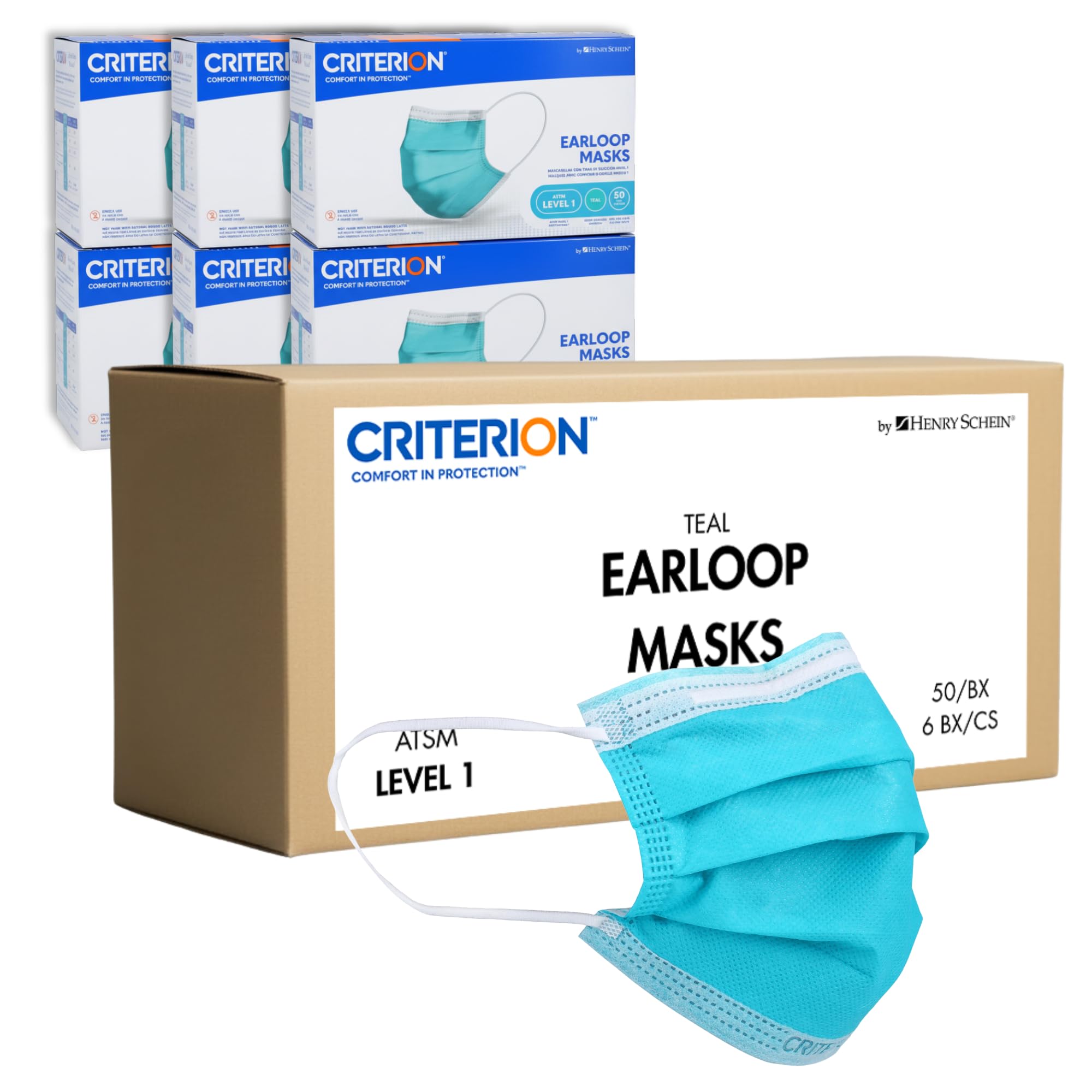 Criterion ASTM Level 1 Disposable Face Mask, Adult Size, Teal, 3-Ply, Fluid Resistant, Latex-Free, Flat Earloops, Adjustable Nose Piece, 50/Box