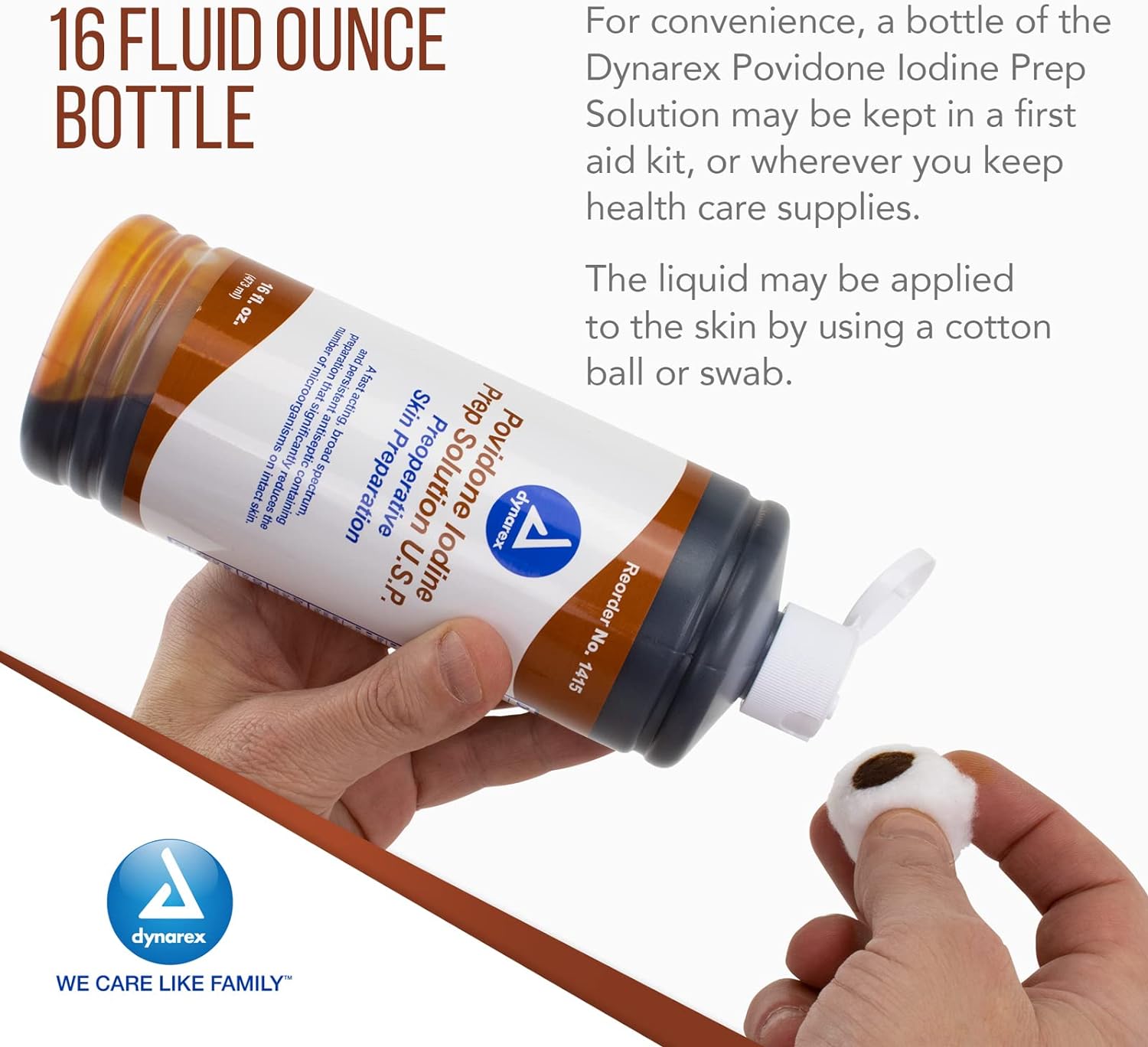 Dynarex Povidone Iodine Prep Solution USP, Effective Topical Antiseptic Liquid for Skin and Mucosa, Cleansing and Preparation, Brown, 1 - 16 Fluid Oz. Bottle