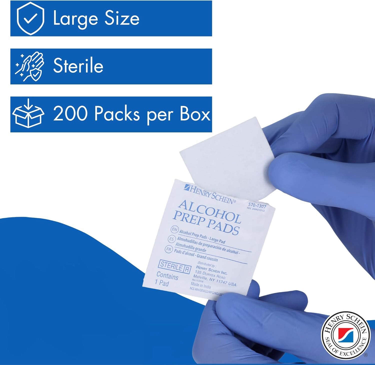 Henry Schein Large Alcohol Prep Pads - 70% Isopropyl Alcohol Wipes, Individually Wrapped - 2 ply, Textured - Skin Prep Alcohol Swabs - Sterile Alcohol Pads (200/Box, Large)