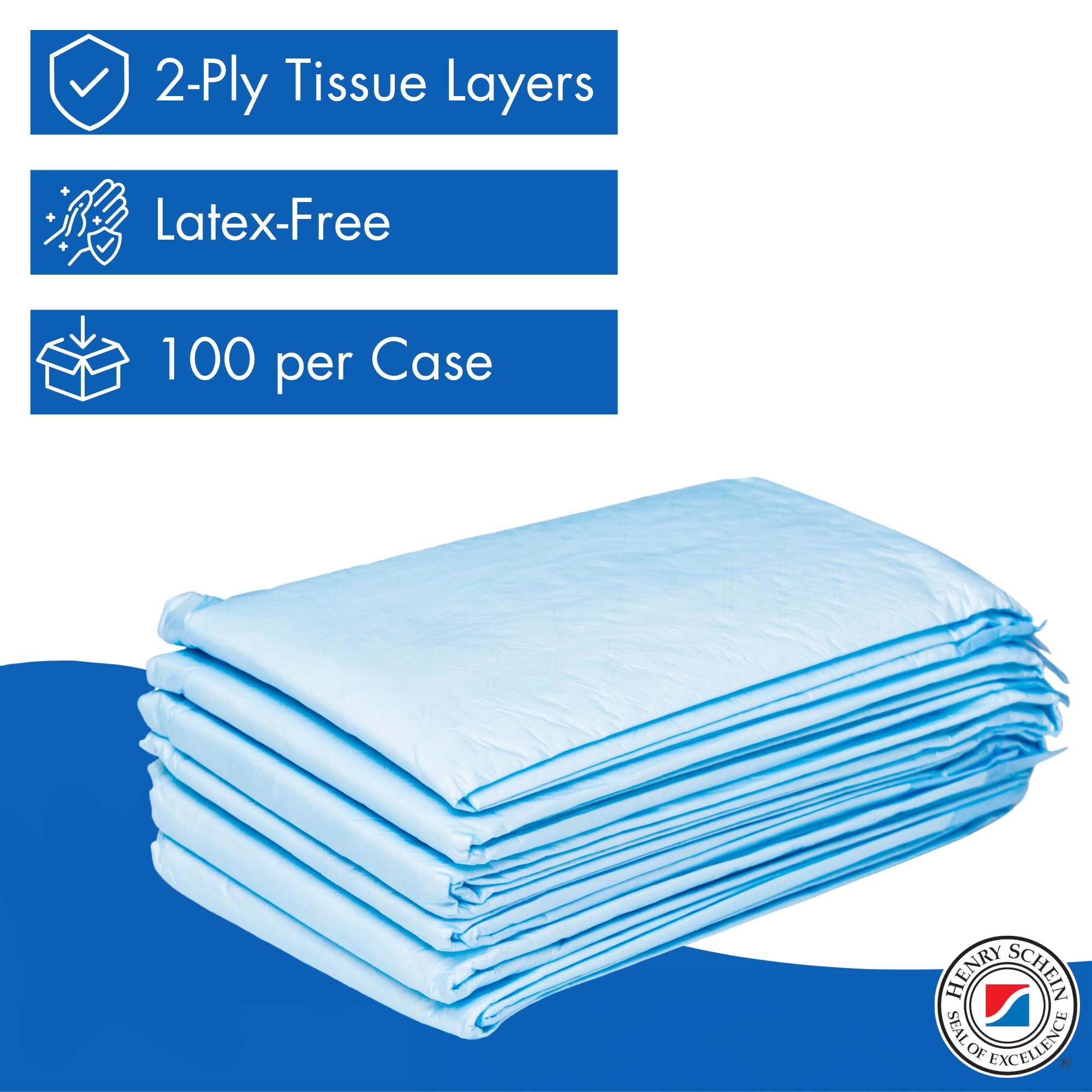 Henry Schein Disposable Underpads 30x36 – Light Absorbency, 2-Ply, Latex-Free, Poly-Backed