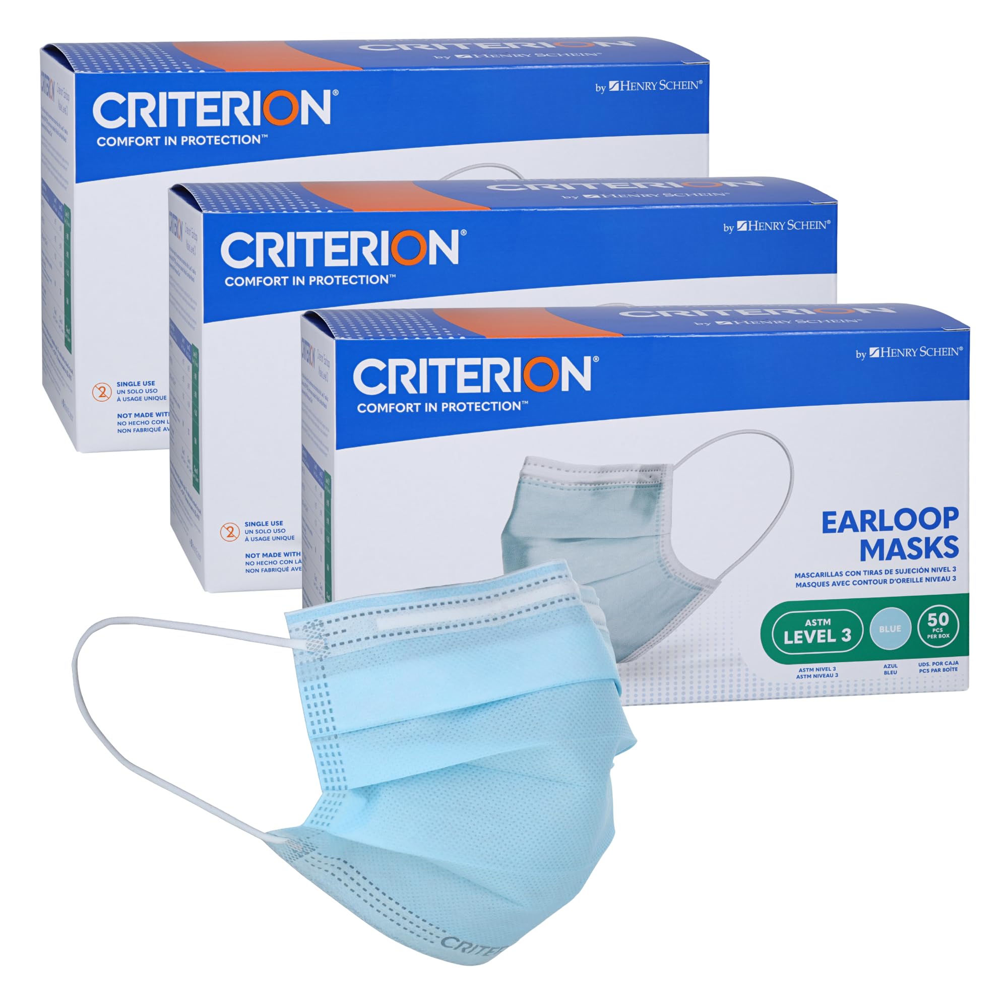 Criterion ASTM Level 3 Disposable Face Mask – Blue, 3-Ply, Fluid Resistant, Latex-Free, Flat Earloops
