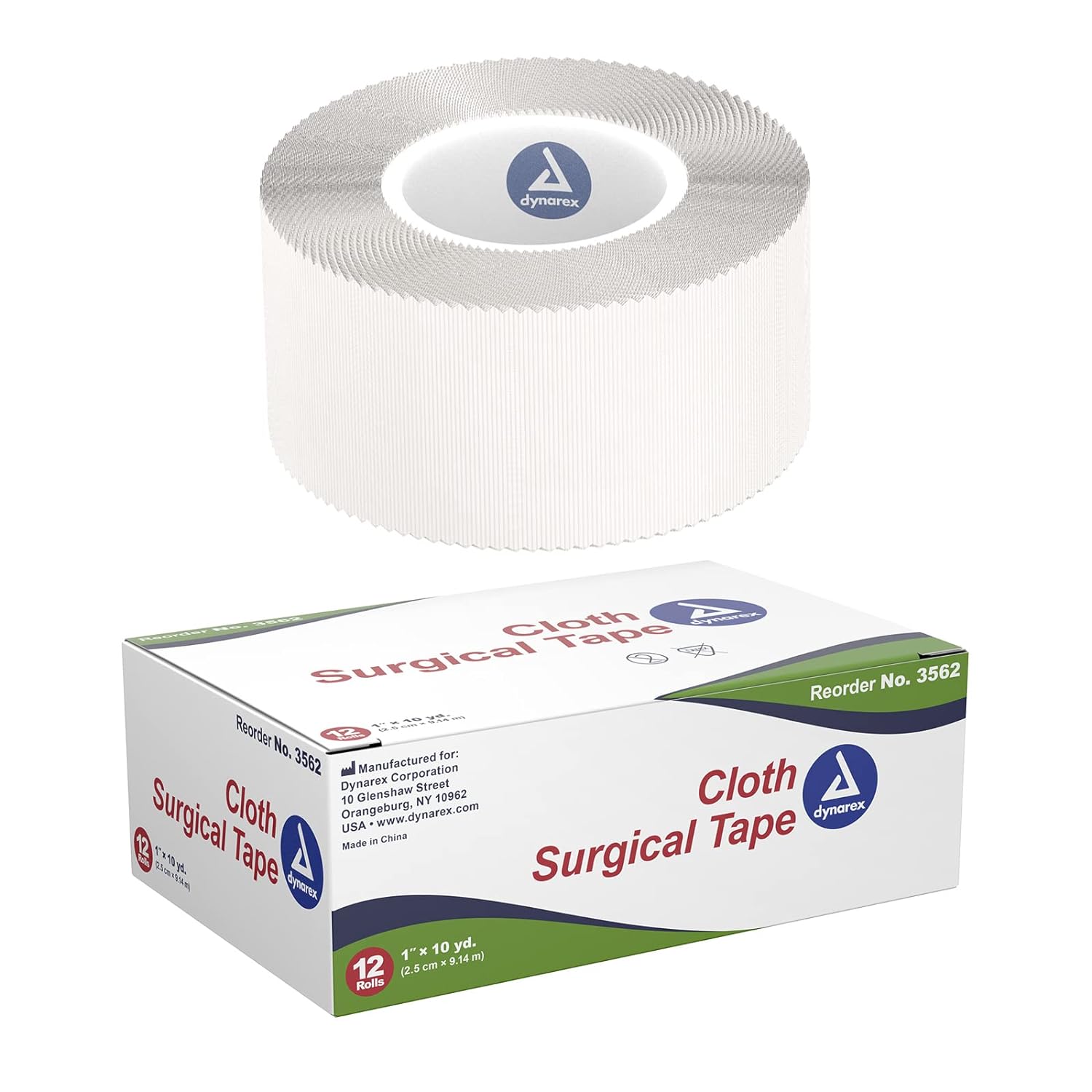 Dynarex Cloth Surgical Tape, Durable, Soft-Smooth Silky Fabric, Latex-Free, Self-Sticking Tape, Tearable, Secure Adhesion, White, 1” x 10 yds, 1 Box of 12 Rolls of Tape