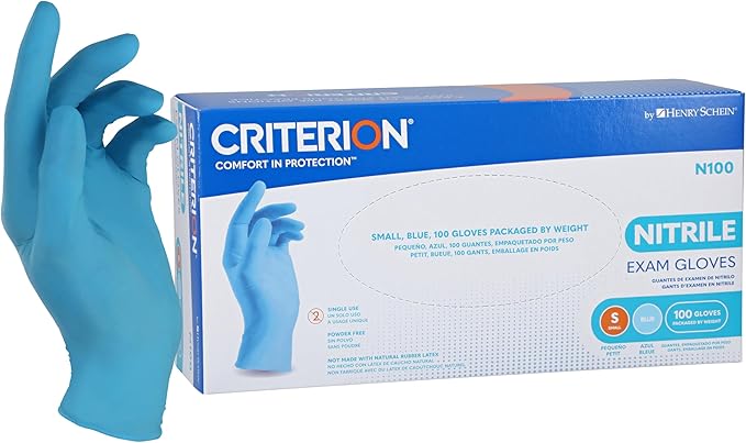 Criterion N100 Blue Nitrile Exam Gloves, 3.54 Mil, Powder-Free, Textured Fingers – Sizes XS to L: 100/Box, XL: 90/Box