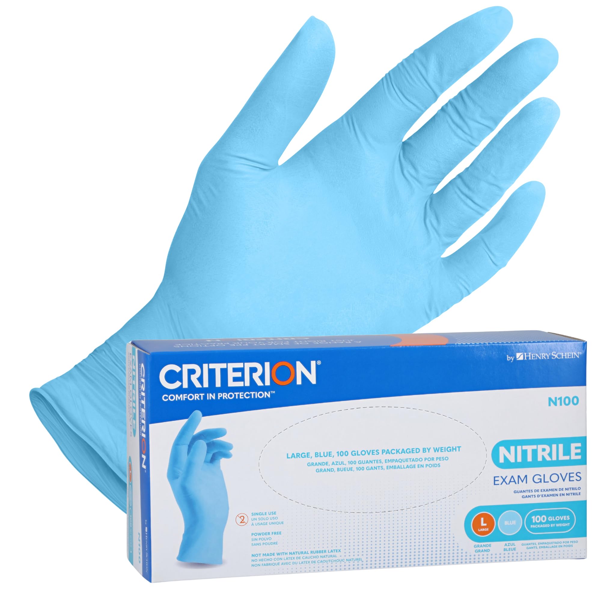 Criterion N100 Blue Nitrile Exam Gloves, 3.54 Mil, Powder-Free, Textured Fingers – Sizes XS to L: 100/Box, XL: 90/Box